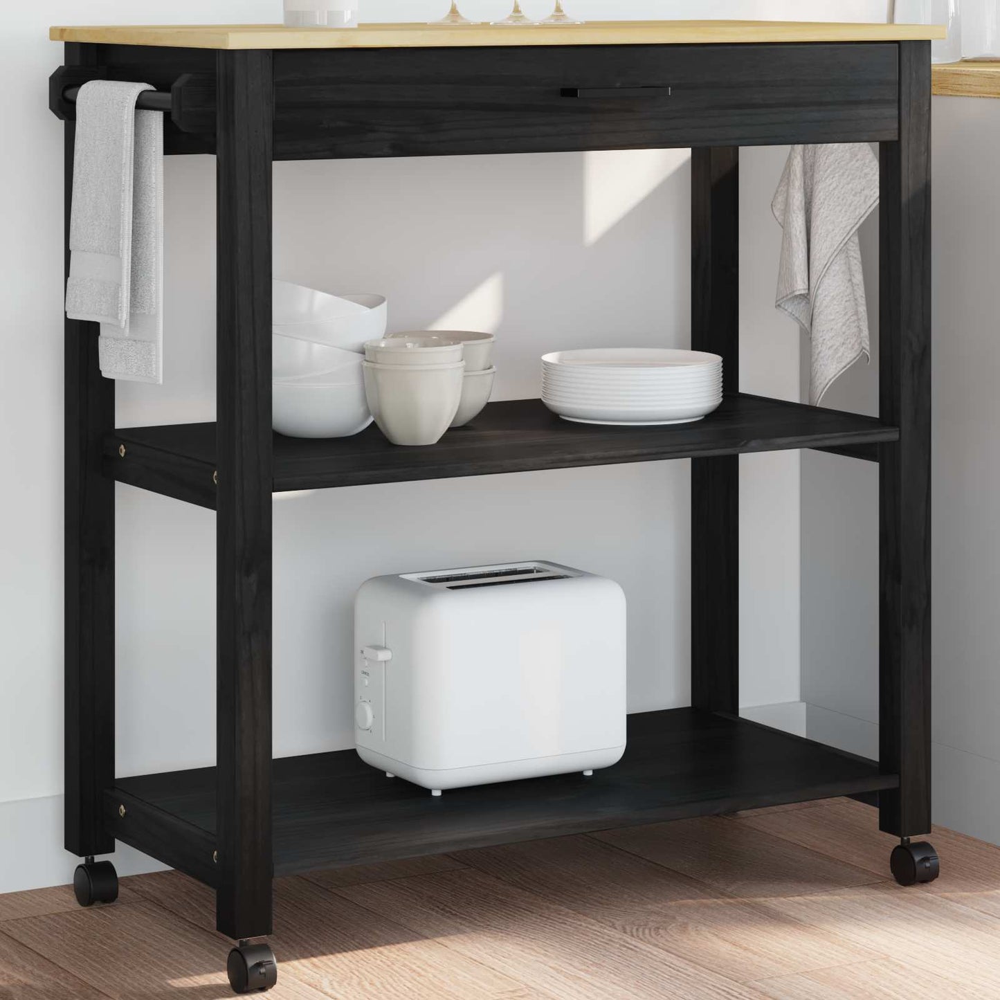 vidaXL Kitchen Trolley MONZA Black 84 x 40 x 88.5 cm Solid Pine Wood