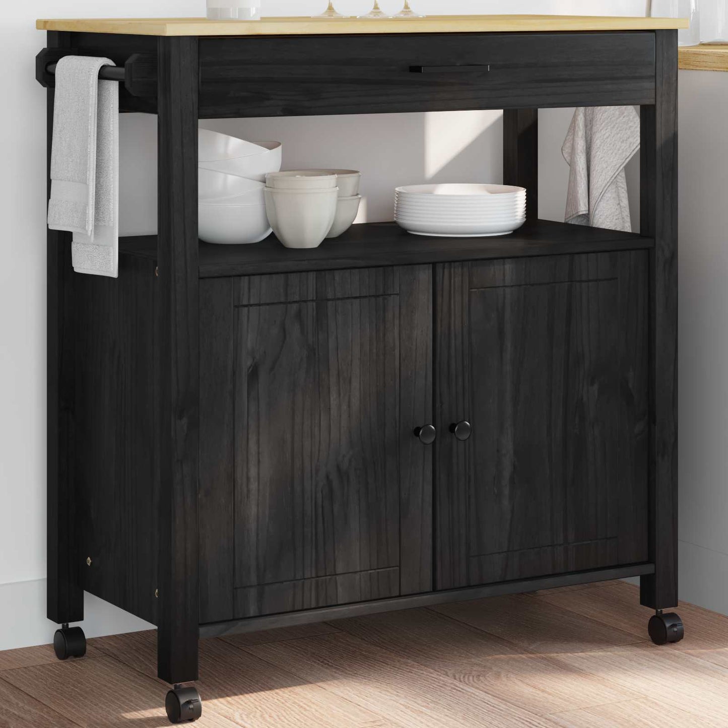 vidaXL Kitchen Trolley MONZA Black 84 x 40 x 88.5 cm Solid Pine Wood
