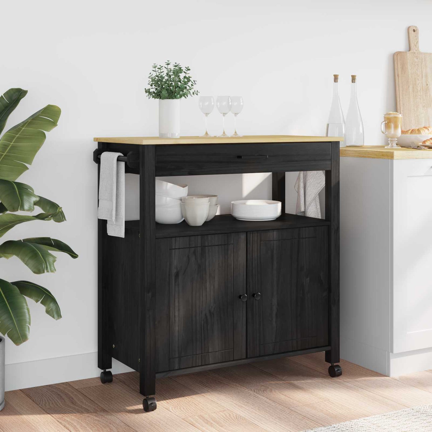 vidaXL Kitchen Trolley MONZA Black 84 x 40 x 88.5 cm Solid Pine Wood