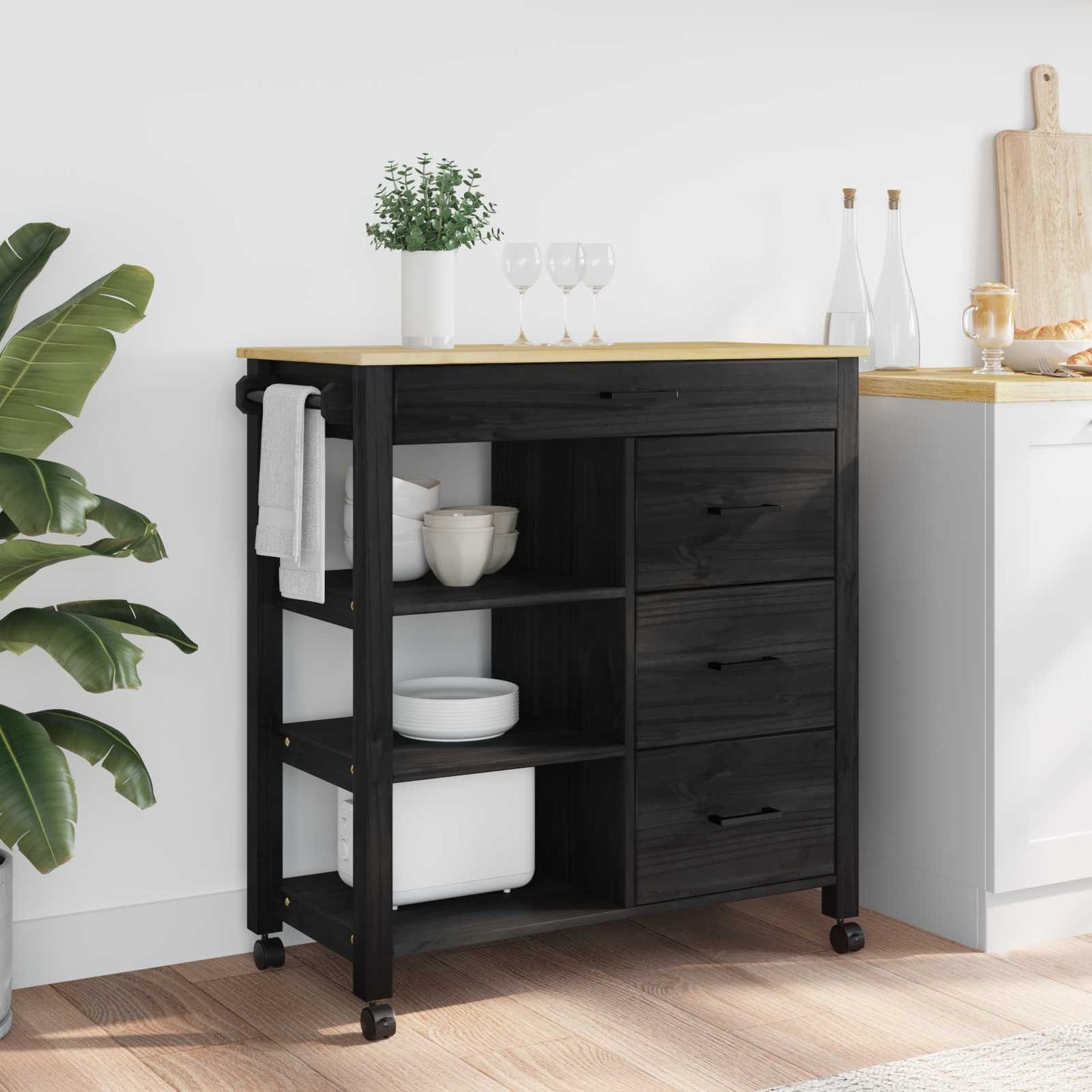 vidaXL Kitchen Trolley MONZA Black 84 x 40 x 88.5 cm Solid Pine Wood