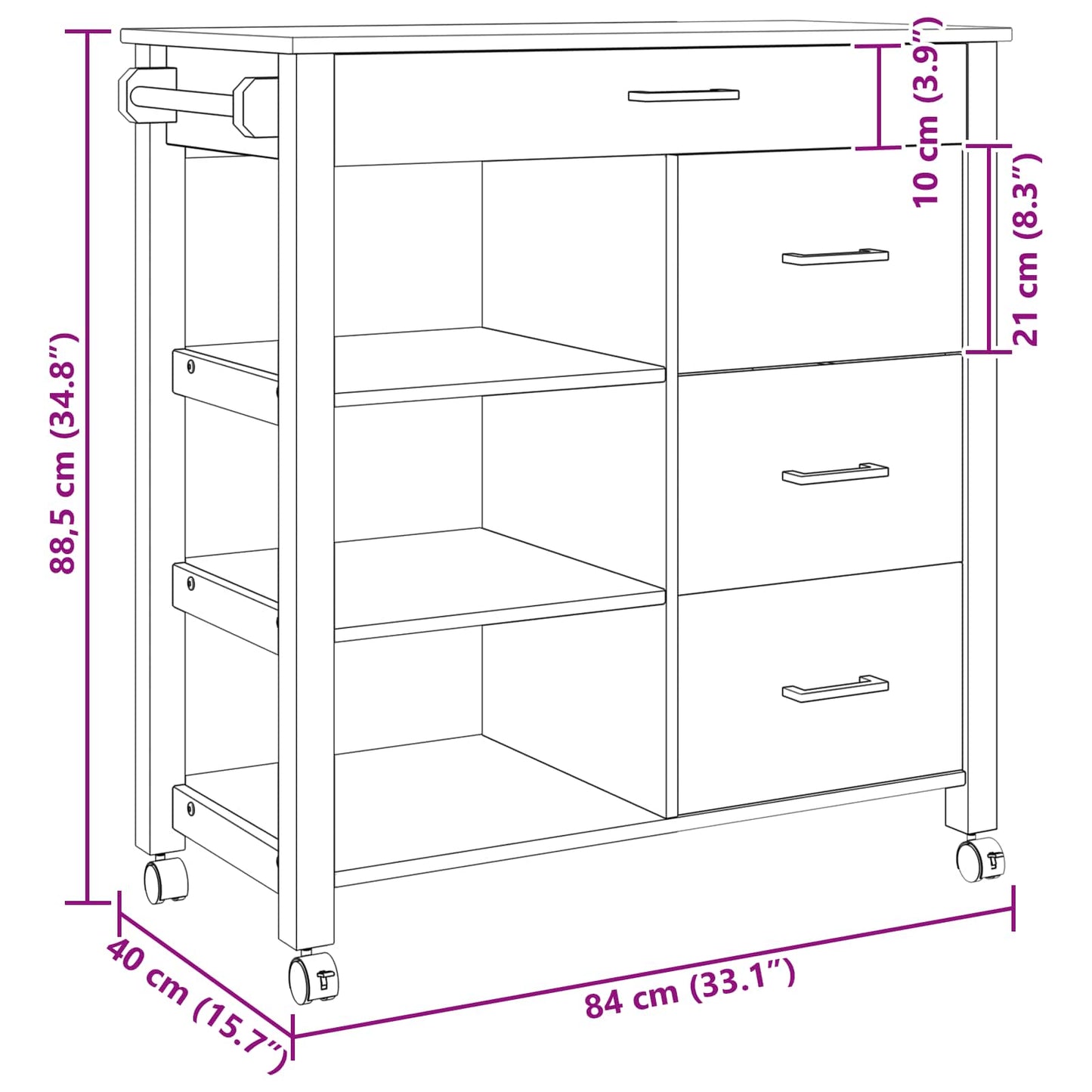 vidaXL Kitchen Trolley MONZA Black 84 x 40 x 88.5 cm Solid Pine Wood
