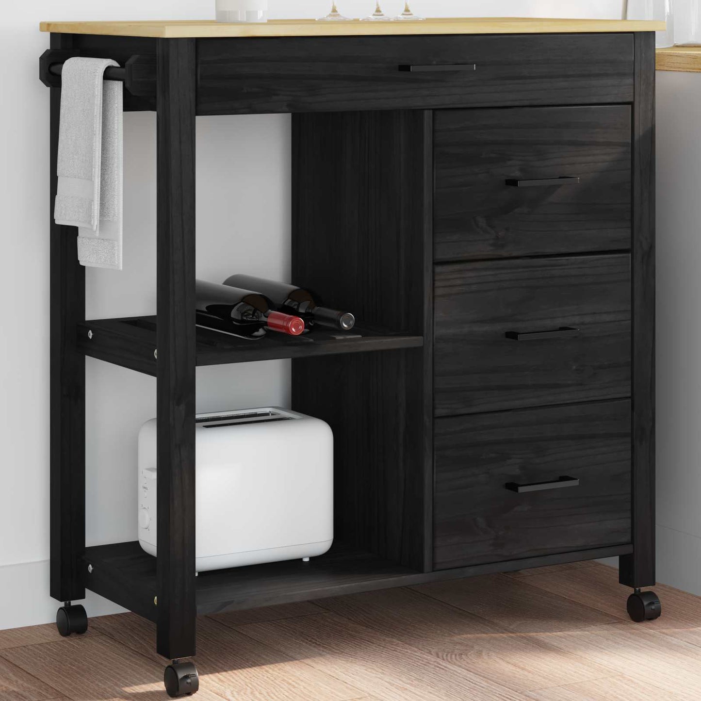vidaXL Kitchen Trolley MONZA Black 84 x 40 x 88.5 cm Solid Pine Wood
