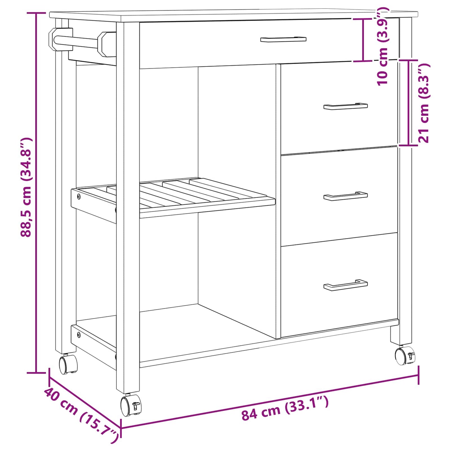vidaXL Kitchen Trolley MONZA Black 84 x 40 x 88.5 cm Solid Pine Wood