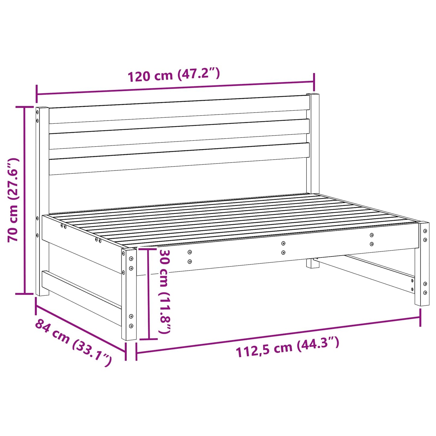 vidaXL Garden Middle Sofa Solid Pine Wood Wax Brown 120 x 84 x 70 cm