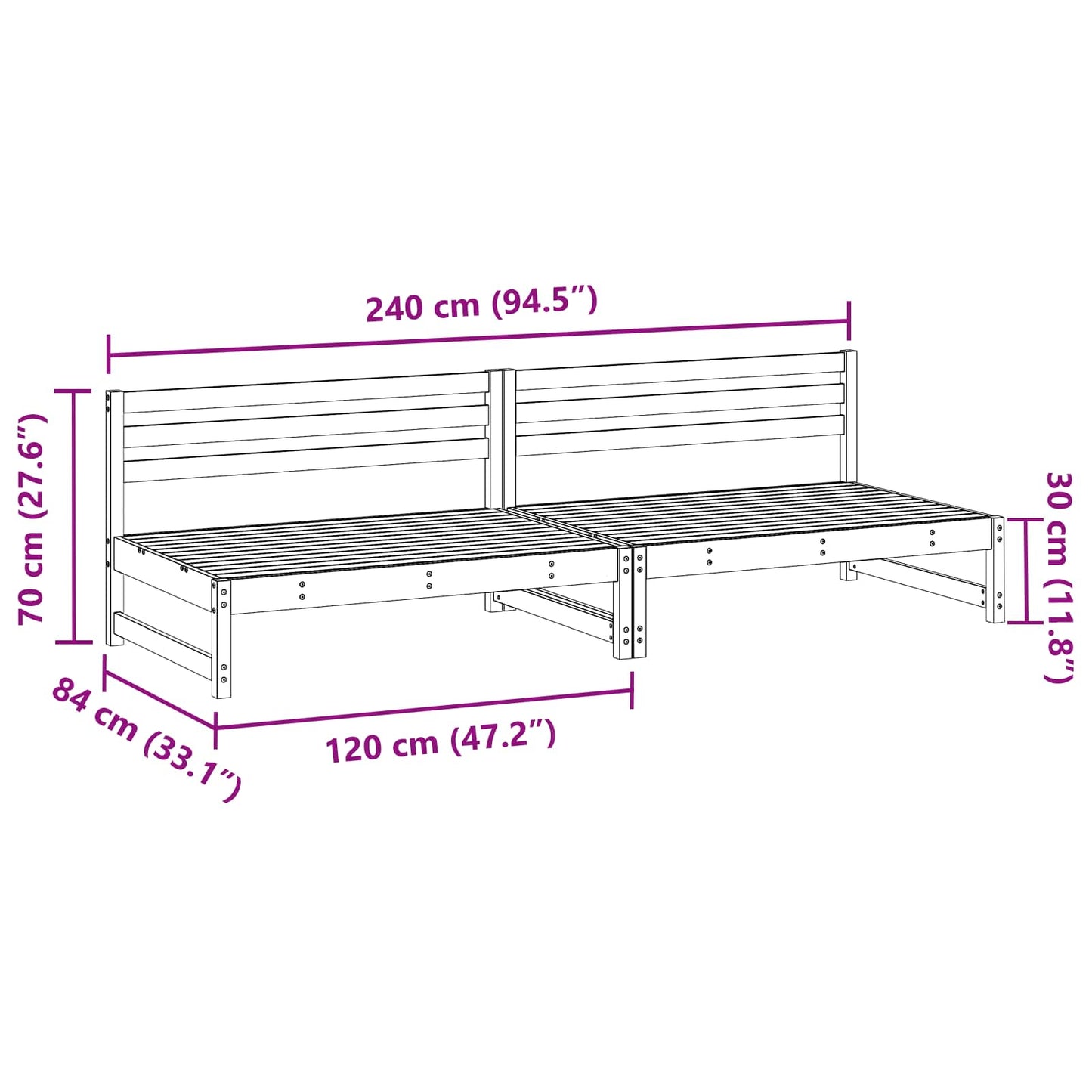 vidaXL Garden Middle Sofa Solid Pine Wood Wax Brown 240 x 84 x 70 cm