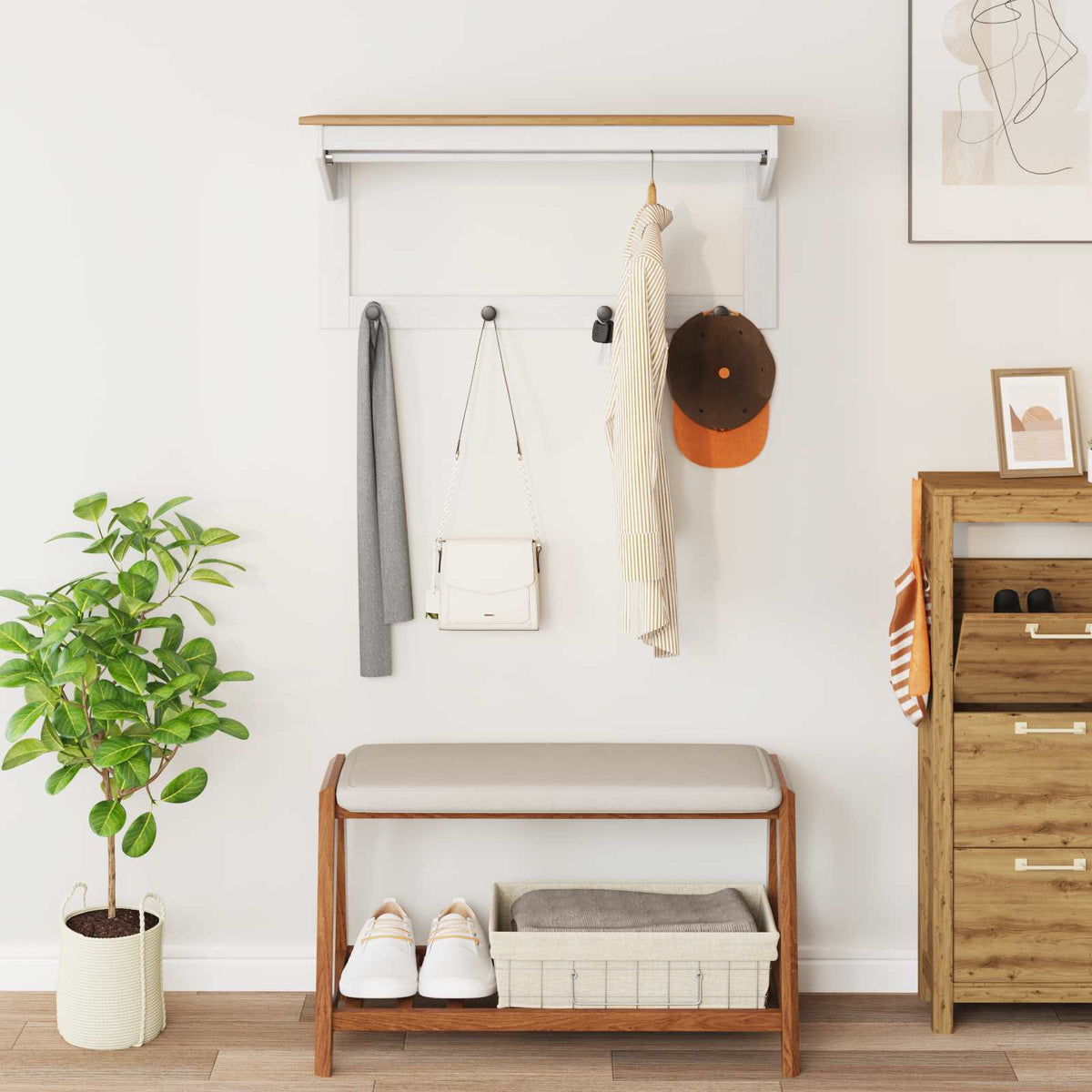 vidaXL Coat Rack HILL White and Honey Brown 90 x 35 x 41.5 cm