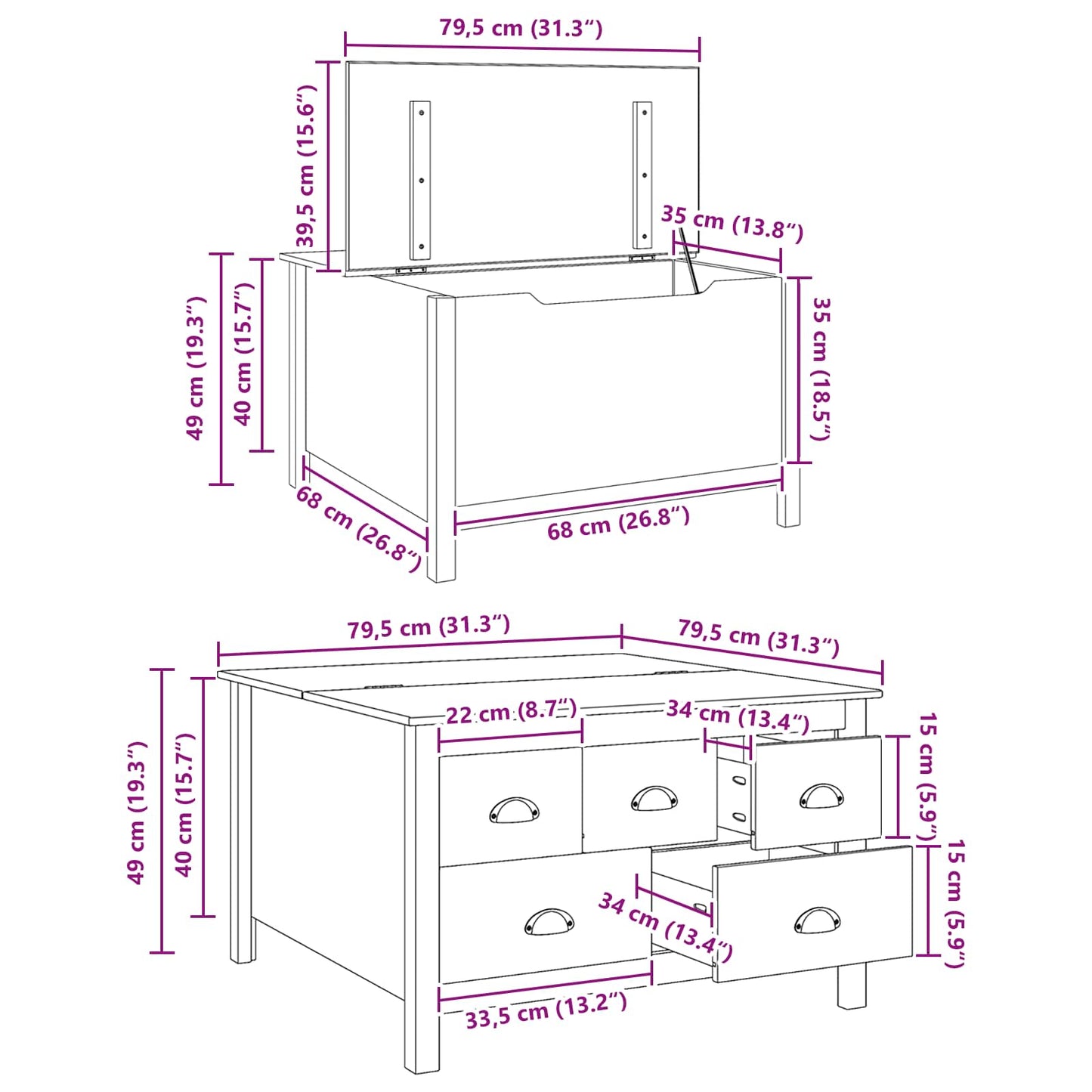 vidaXL Coffee Table HILL White and Honey Brown 79.5 x 79.5 x 49 cm