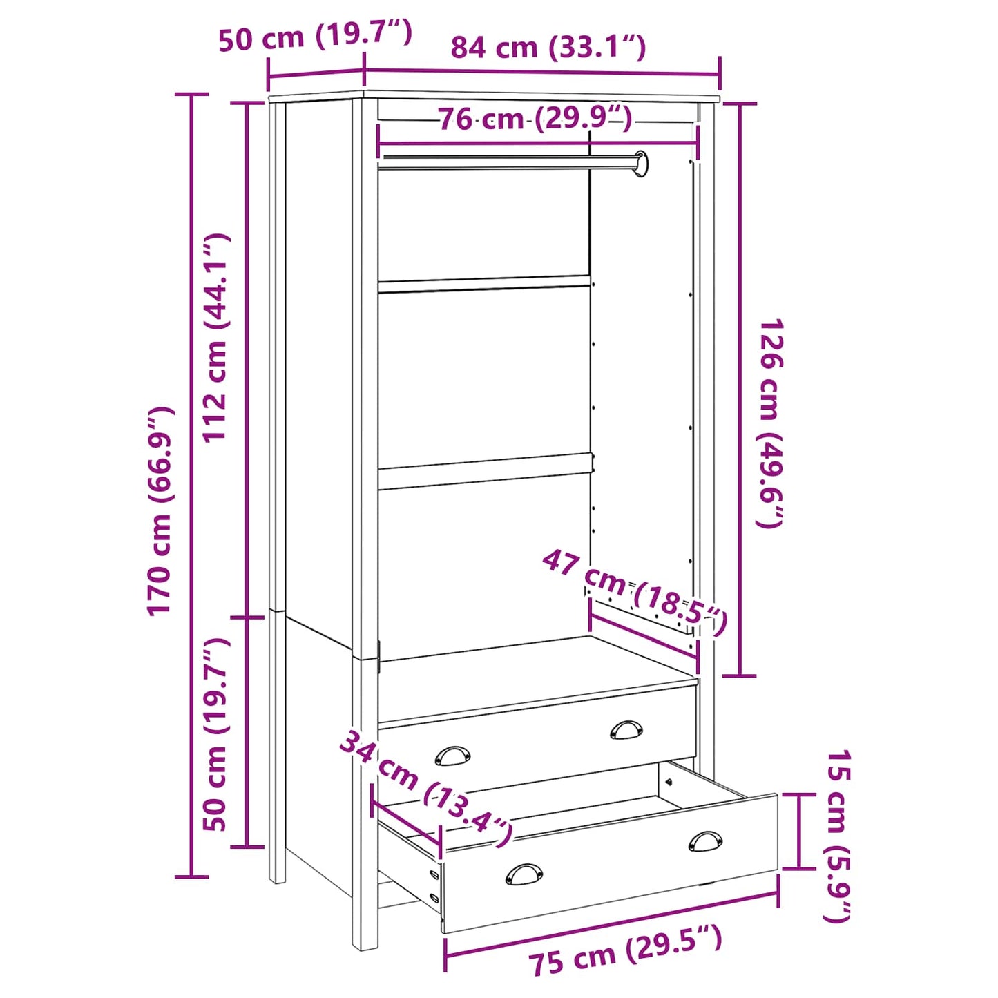 vidaXL Wardrobe HILL Honey Brown 84 x 50 x 170 cm Solid Pine Wood