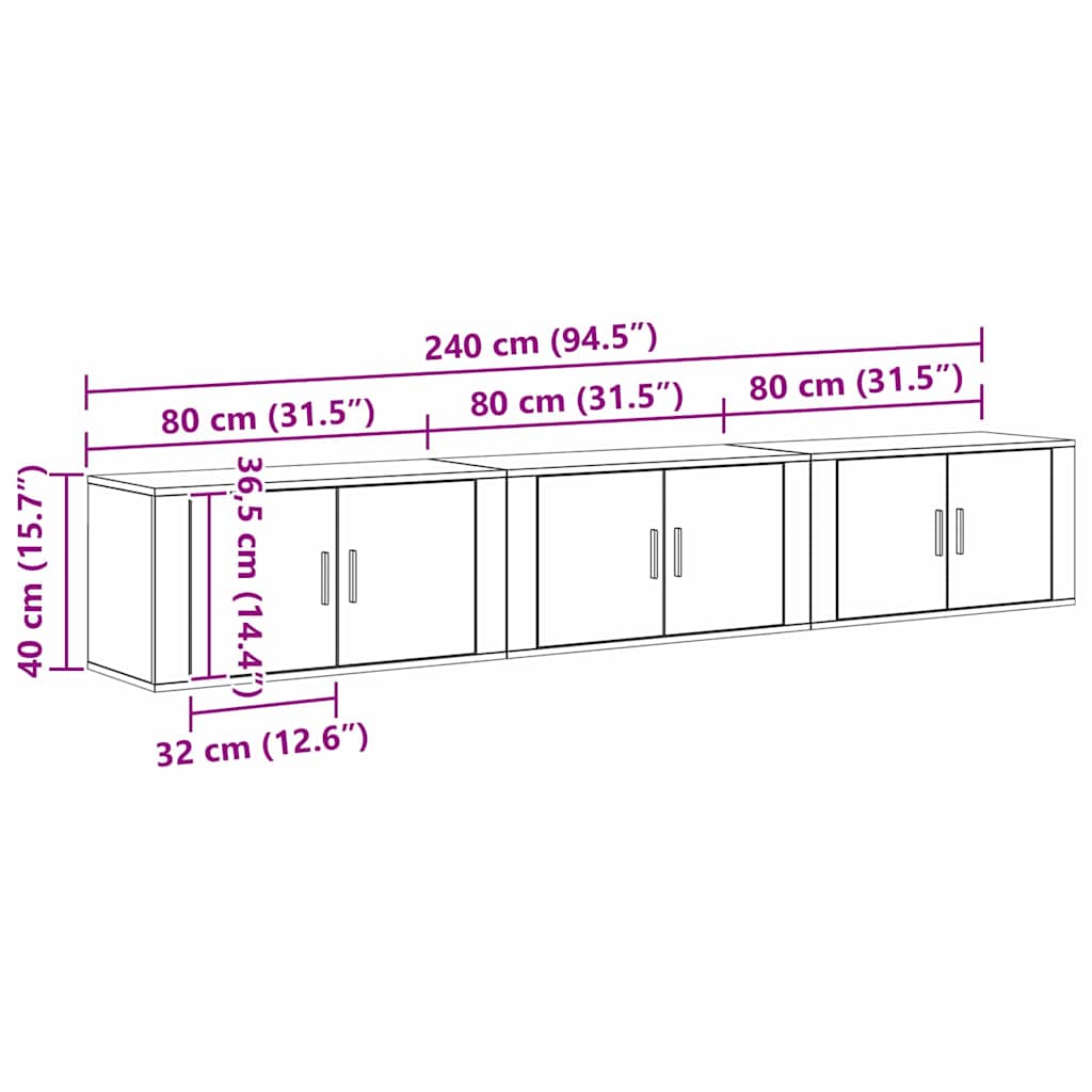 vidaXL Wall-mounted TV Cabinet Set 3 pcs Black Oak 80 x 34.5 x 40 cm