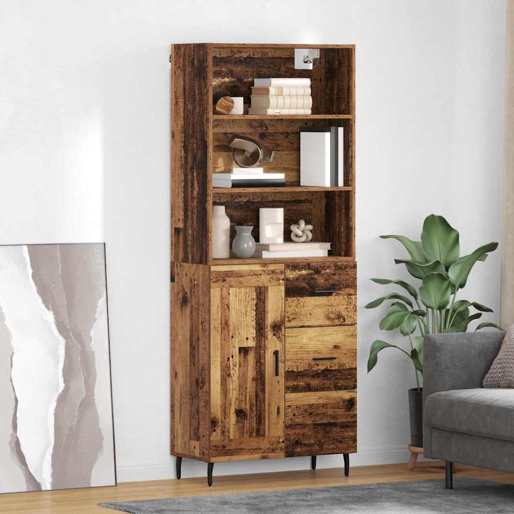 vidaXL Highboard Old Wood 69.5 x 34 x 180 cm Engineered Wood and Glass