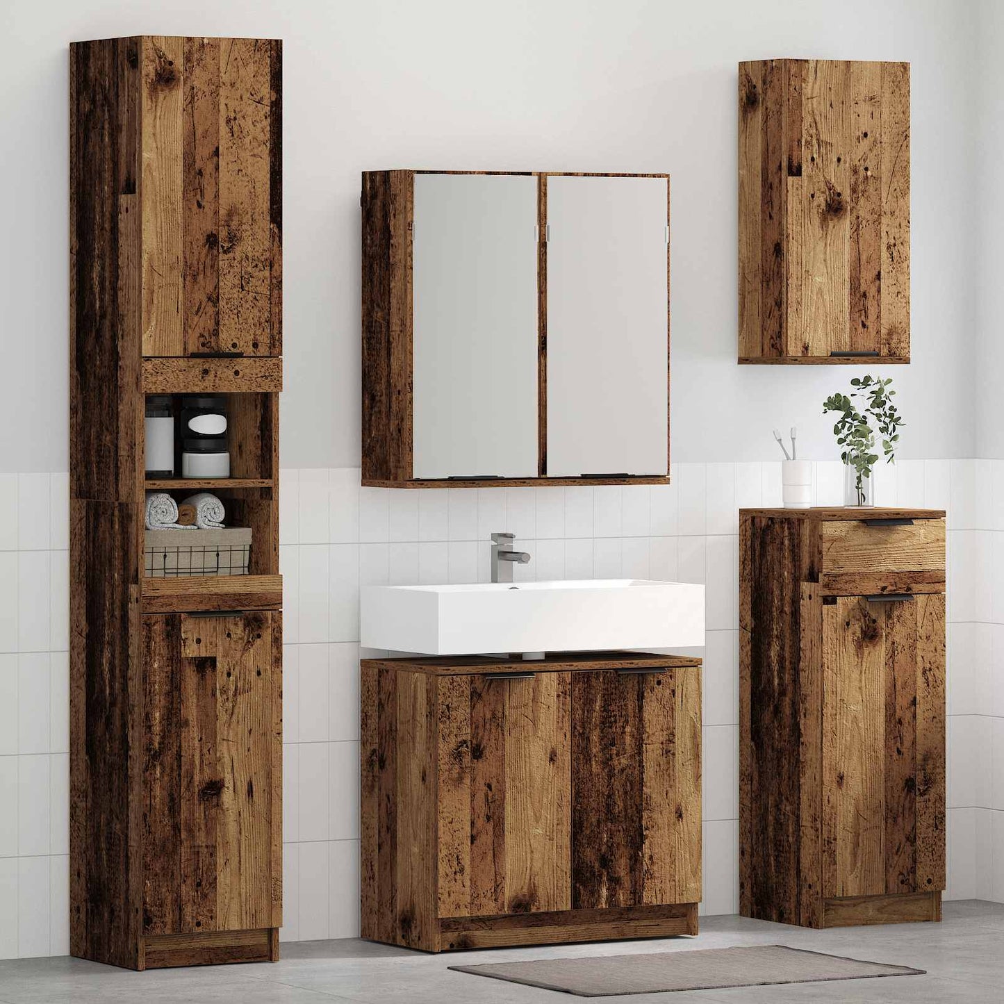 vidaXL Bathroom Furniture Set with Door 4 pcs Old Wood Engineered Wood