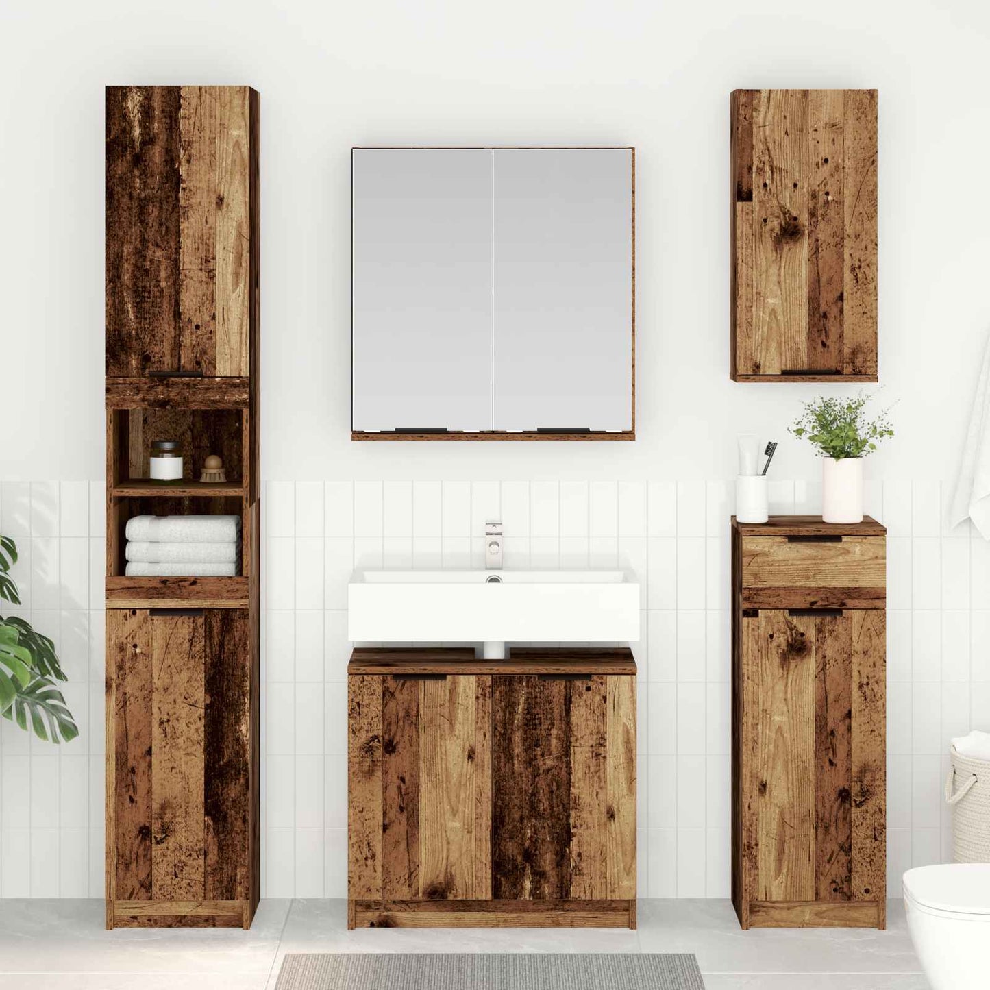 vidaXL Bathroom Furniture Set with Door 4 pcs Old Wood Engineered Wood
