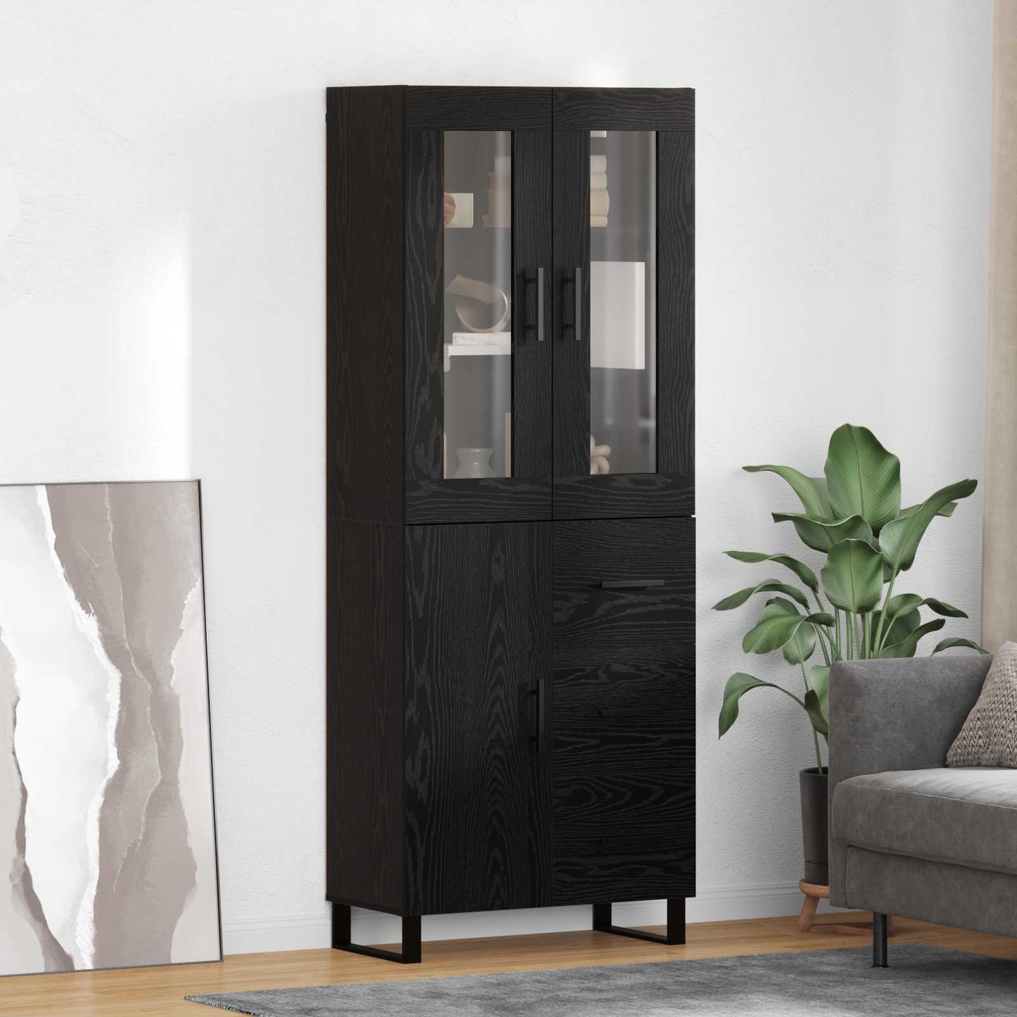 vidaXL Highboard with Drawer 2 pcs Black Oak Engineered Wood and Glass