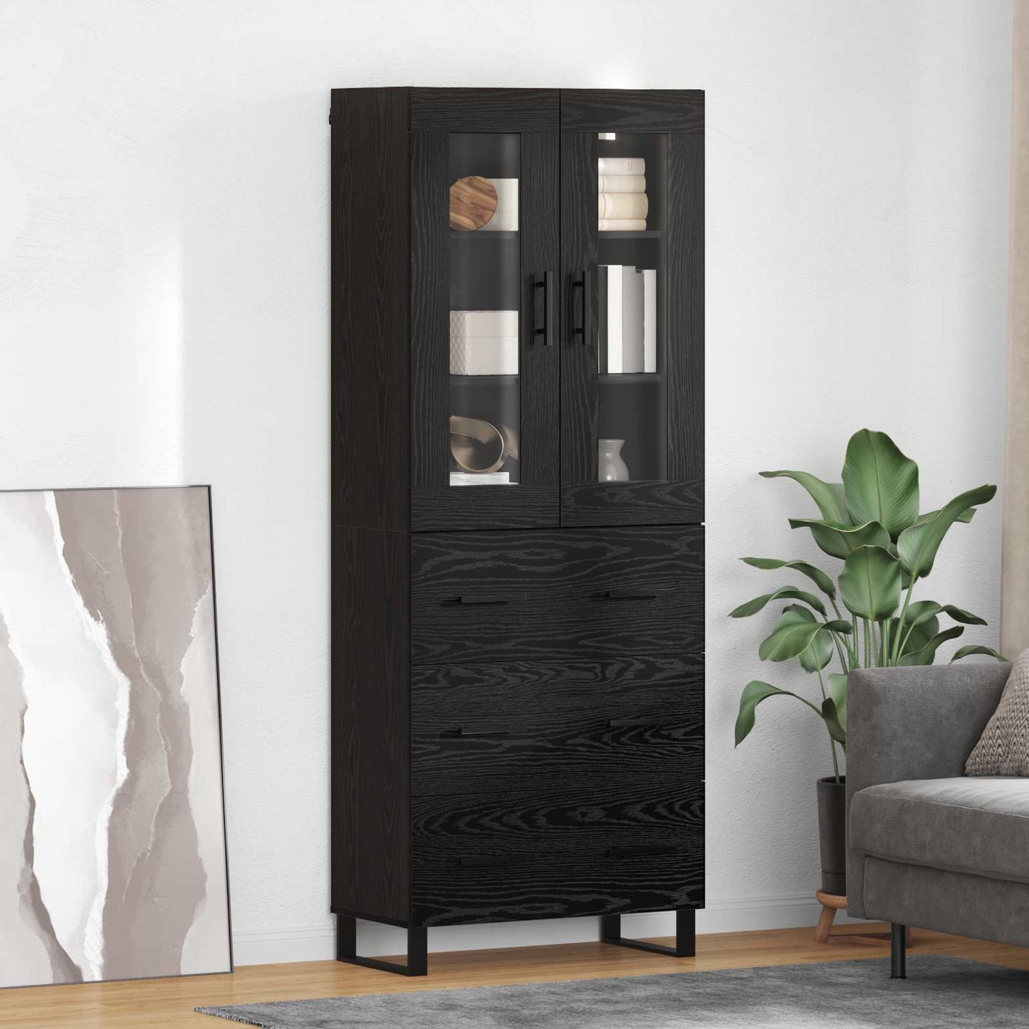 vidaXL Highboard with Drawer 2 pcs Black Oak Engineered Wood and Glass