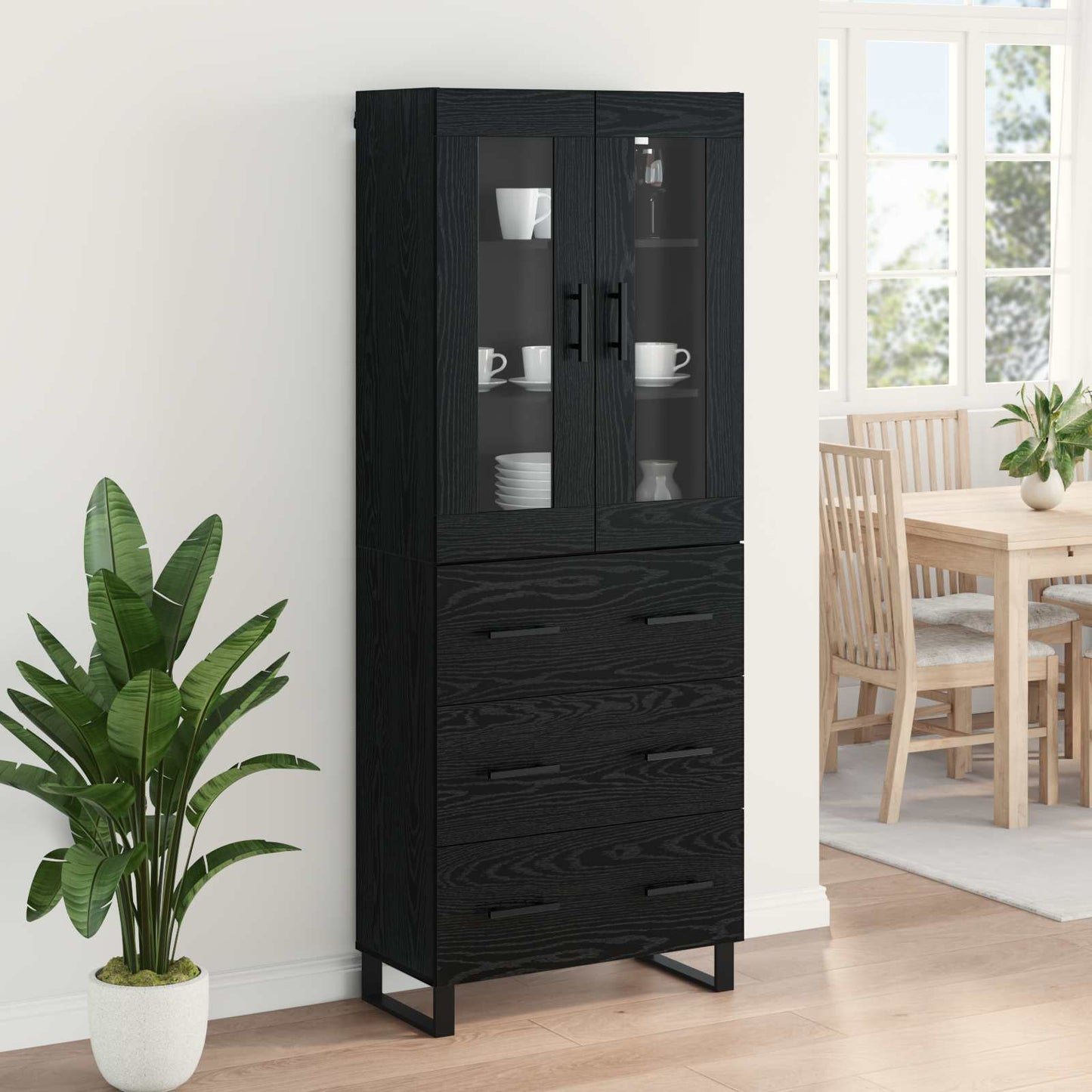 vidaXL Highboard with Drawer 2 pcs Black Oak Engineered Wood and Glass