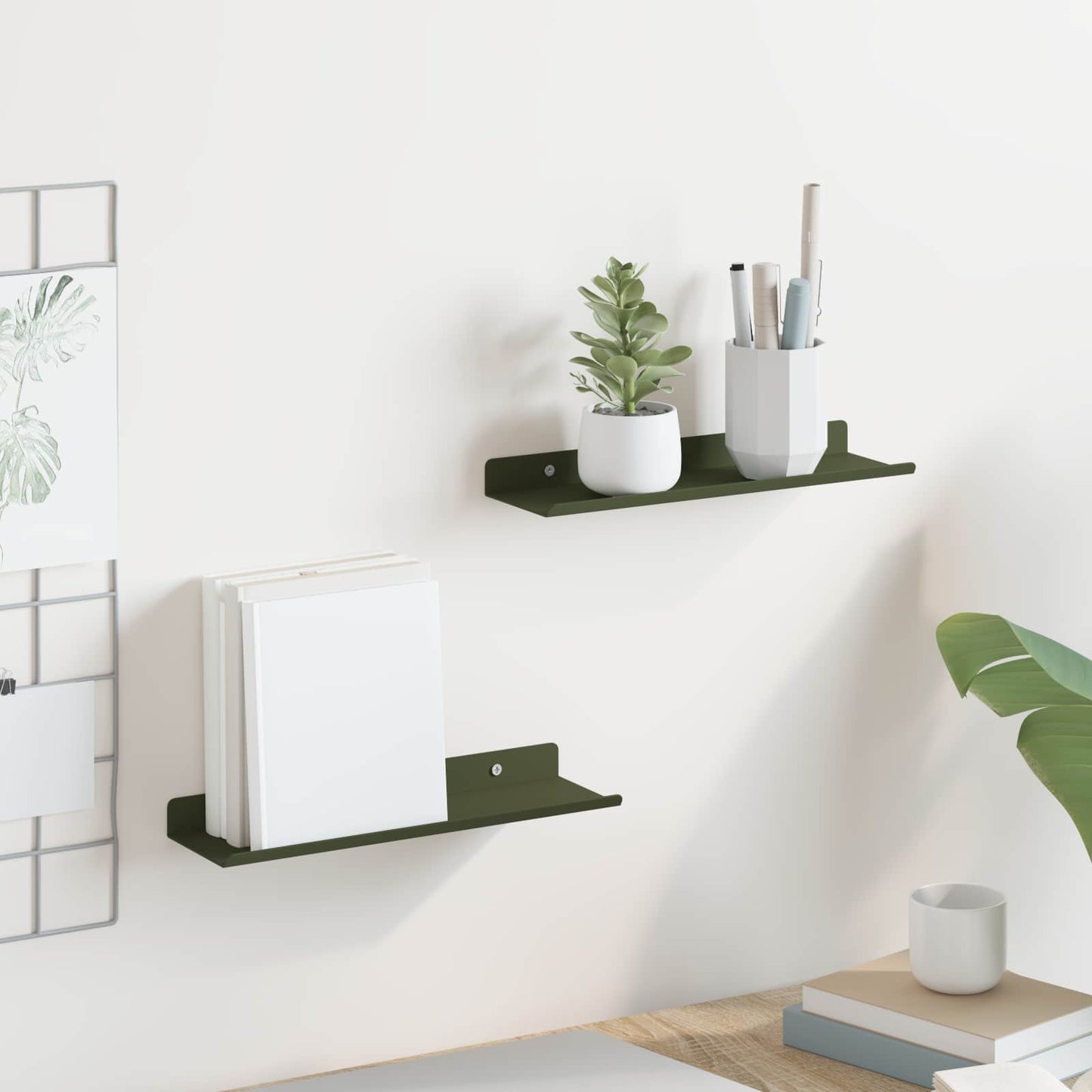 vidaXL Floating Shelf 2 pcs Olive Green 30 x 9 x 2.5 cm Steel