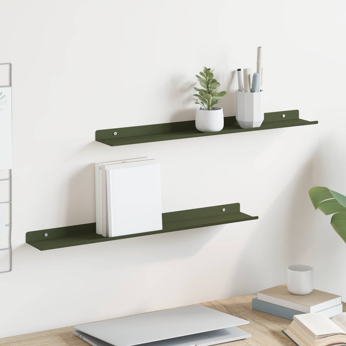 vidaXL Floating Shelf 2 pcs Olive Green 60 x 8.5 x 2.5 cm Steel