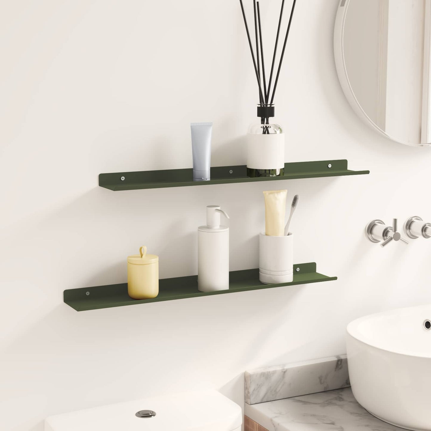 vidaXL Floating Shelf 2 pcs Olive Green 60 x 8.5 x 2.5 cm Steel