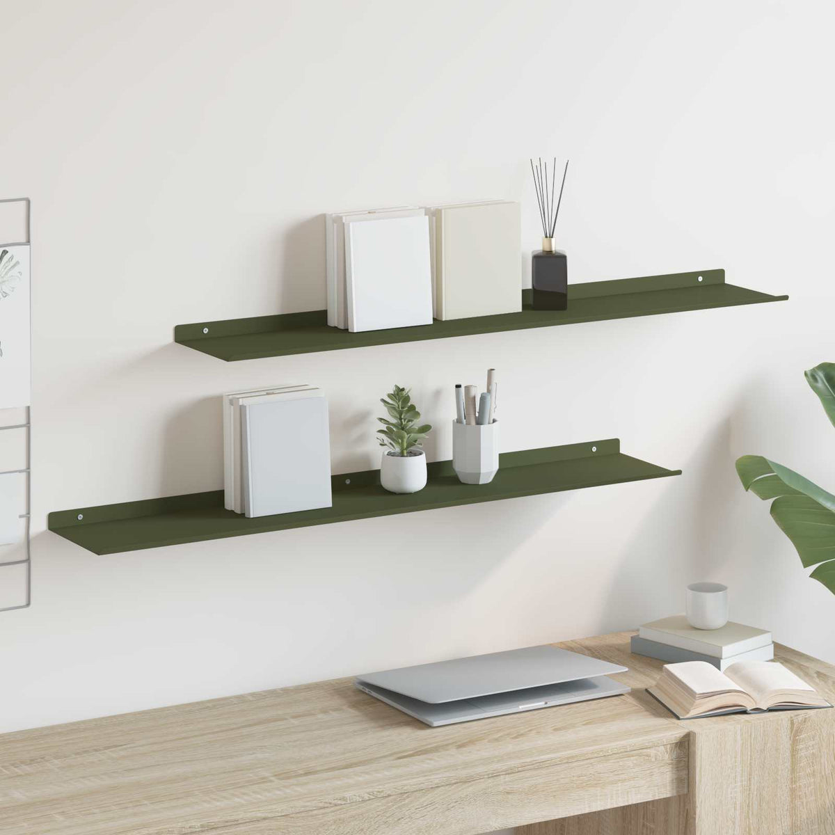vidaXL Floating Shelf 2 pcs Olive Green 100 x 18 x 2.5 cm Steel