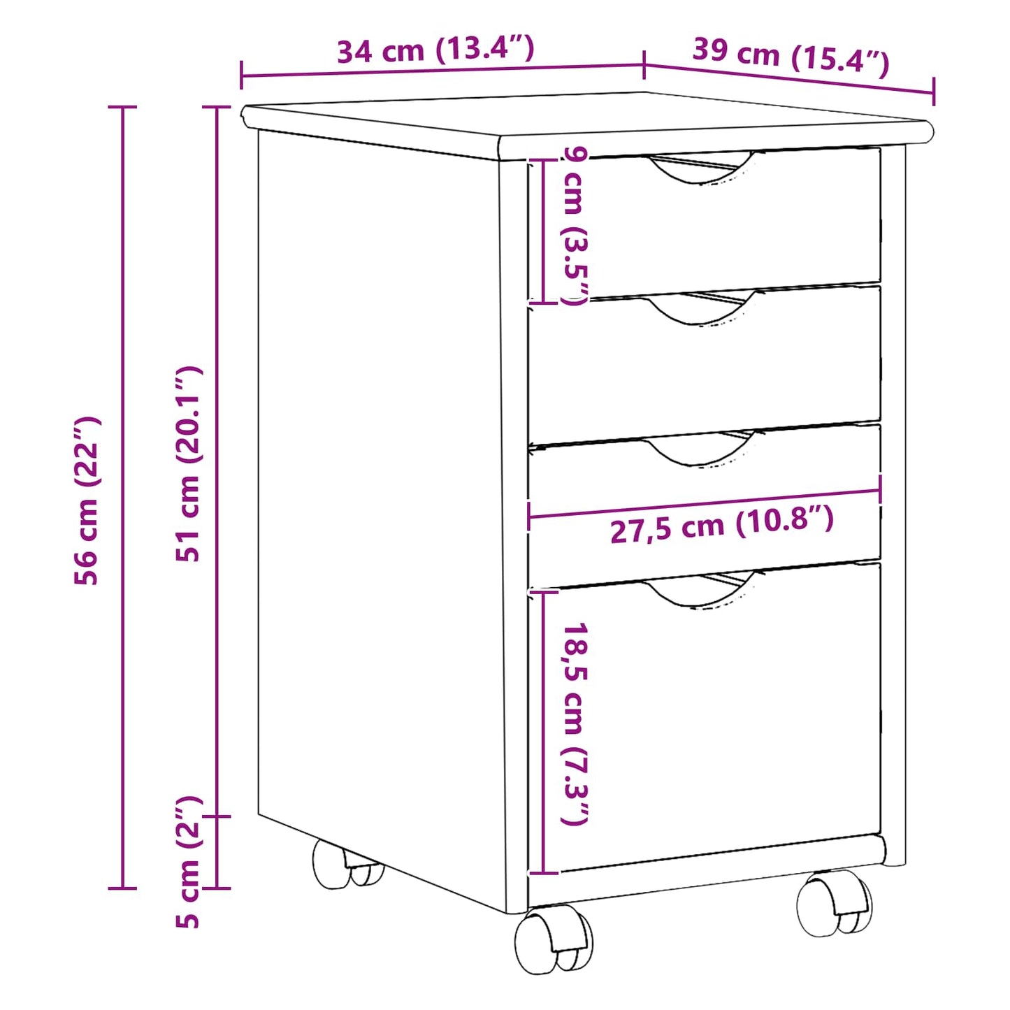 vidaXL Rolling Cabinet with Wheel Grey 34 x 39 x 56 cm Solid Pine Wood