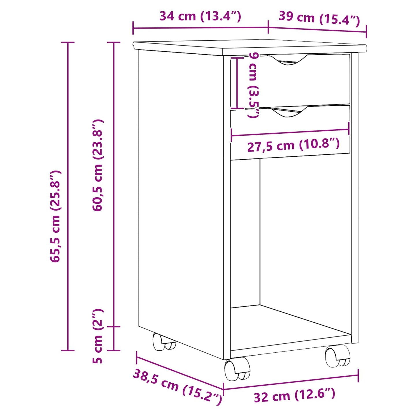 vidaXL Rolling Cabinet Black 34 x 39 x 65.5 cm Solid Pine Wood