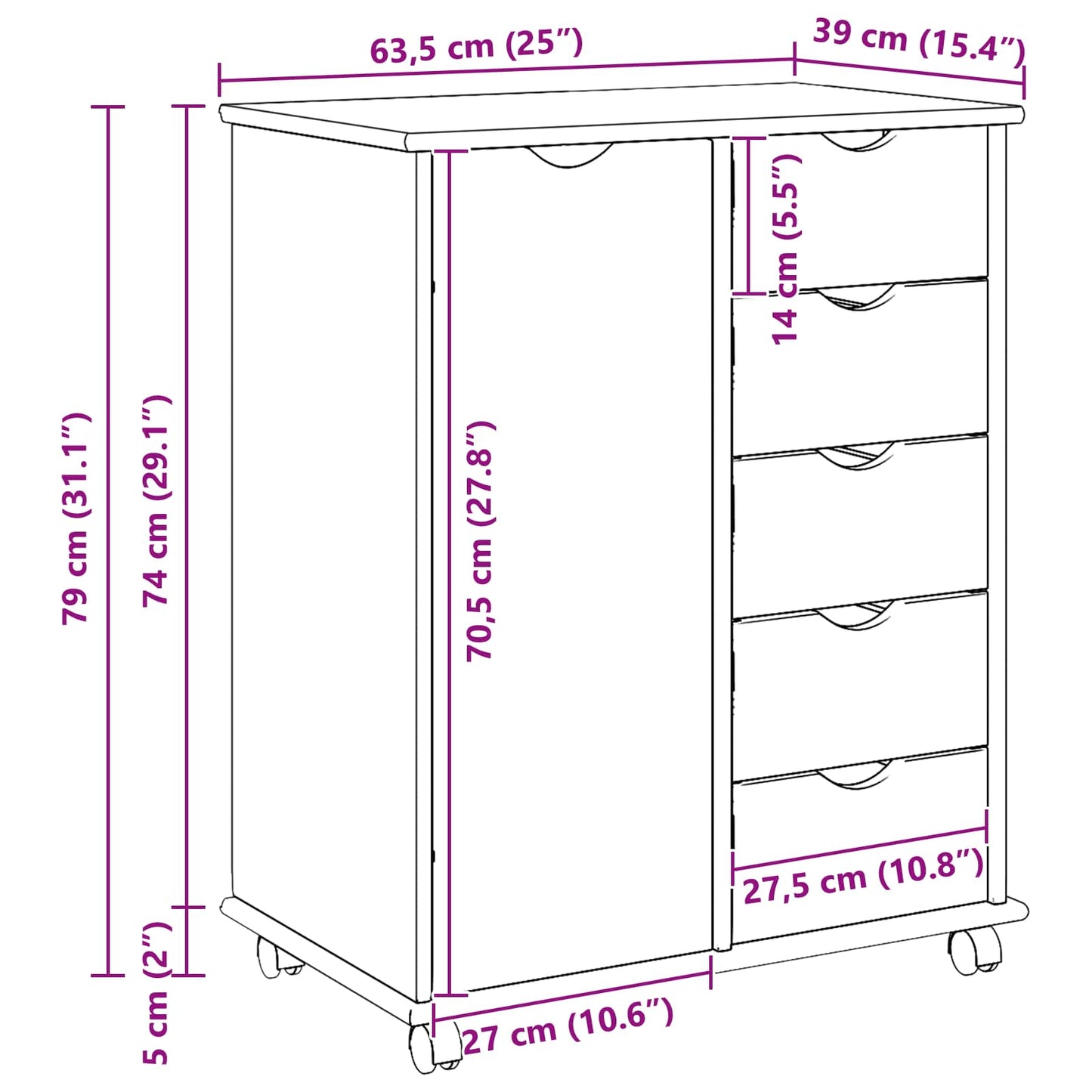 vidaXL Rolling Cabinet Honey Brown 63.5 x 39 x 79 cm Solid Pine Wood