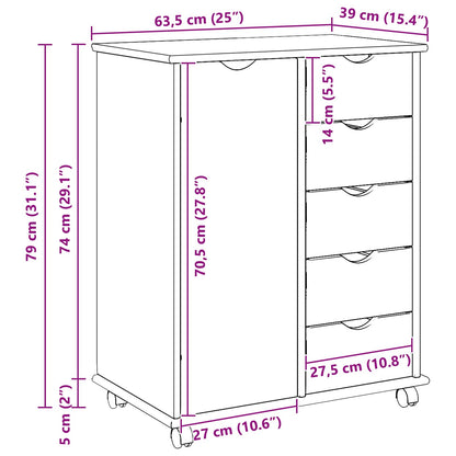 vidaXL Rolling Cabinet White 63.5 x 39 x 79 cm Solid Pine Wood