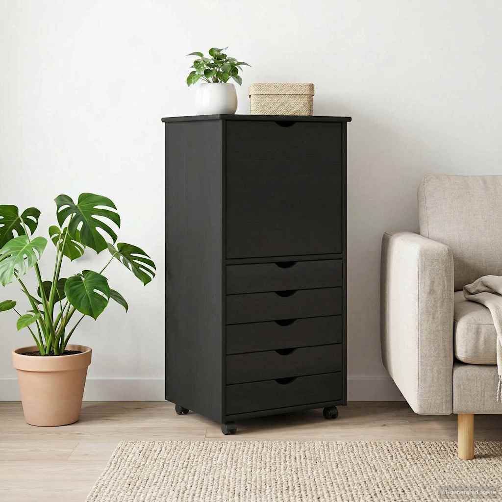 vidaXL Rolling Cabinet Black 53 x 39 x 103 cm Solid Pine Wood