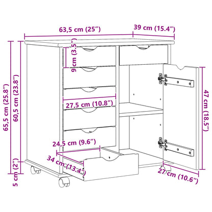 vidaXL Rolling Cabinet White 63.5 x 39 x 65.5 cm Solid Pine Wood