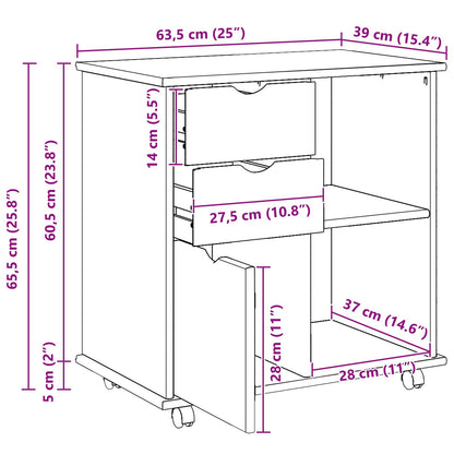 vidaXL Rolling Cabinet Black 63.5 x 39 x 65.5 cm Solid Pine Wood