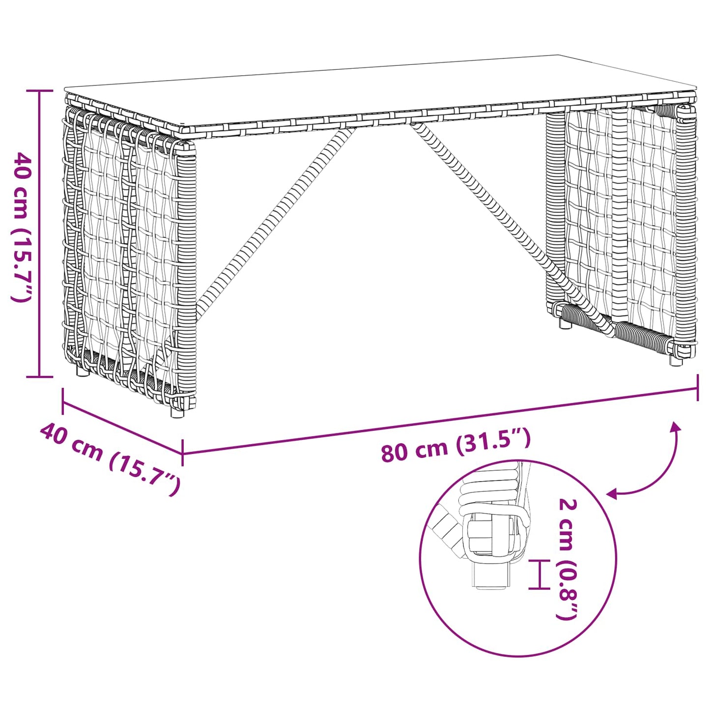 vidaXL Outdoor Table Black 80 x 40 x 40 cm PE Rattan and Glass
