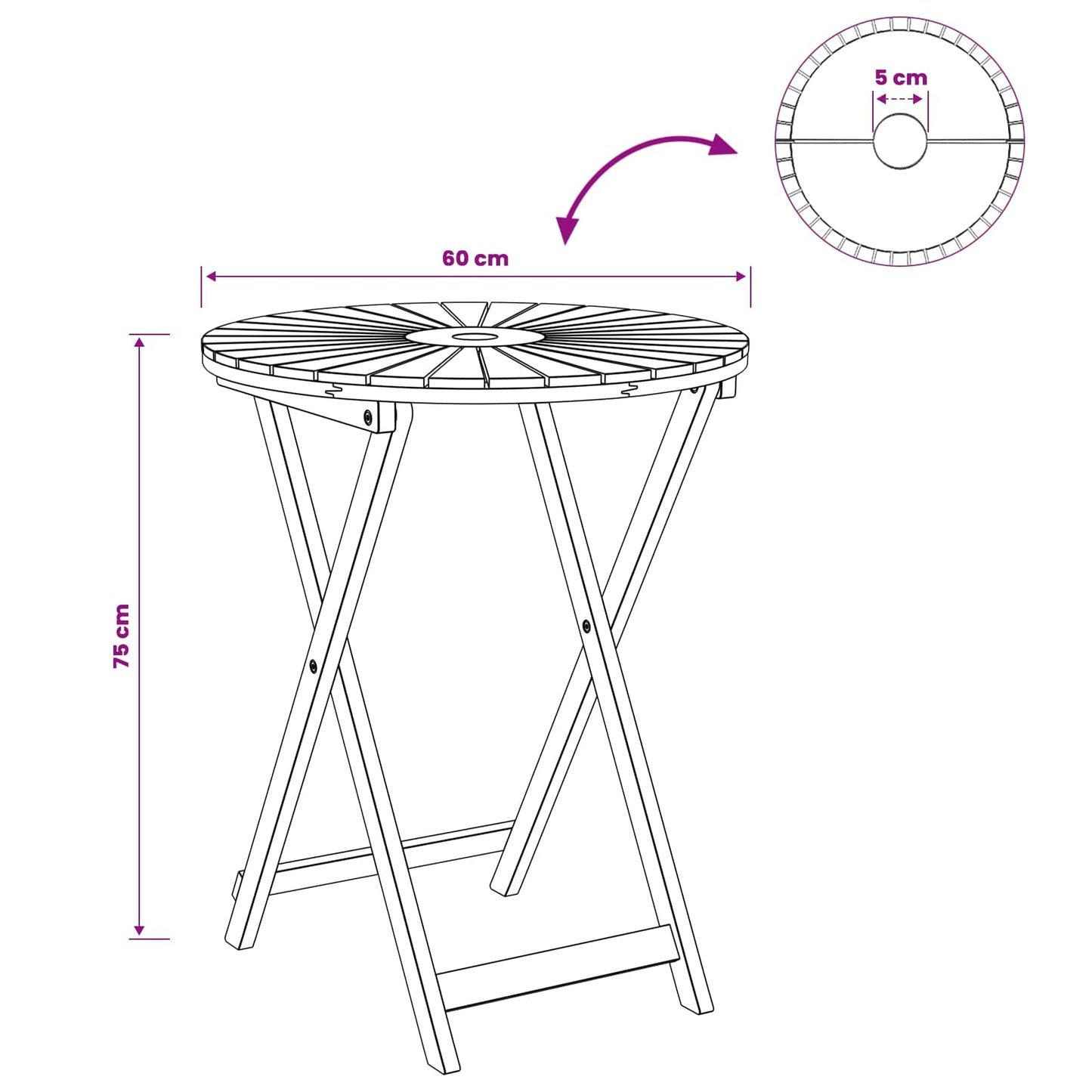 vidaXL Folding Garden Table Natural Ø60 x 75 cm Solid Acacia Wood