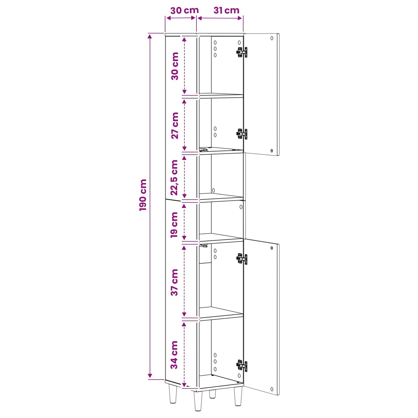 vidaXL Bathroom Cabinet with Open Shelf ARNHEM White 30 x 31 x 190 cm