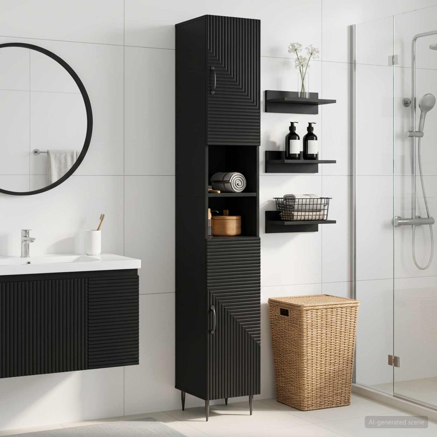 vidaXL Bathroom Cabinet with Open Shelf HAARLEM Black 30 x 31 x 190 cm