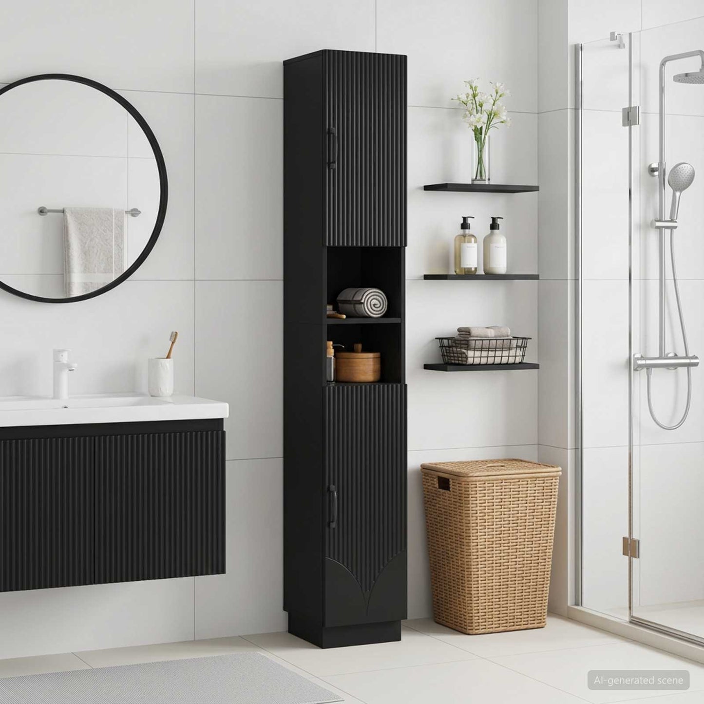 vidaXL Bathroom Cabinet with Open Shelf HOORN Black 30 x 31 x 187 cm
