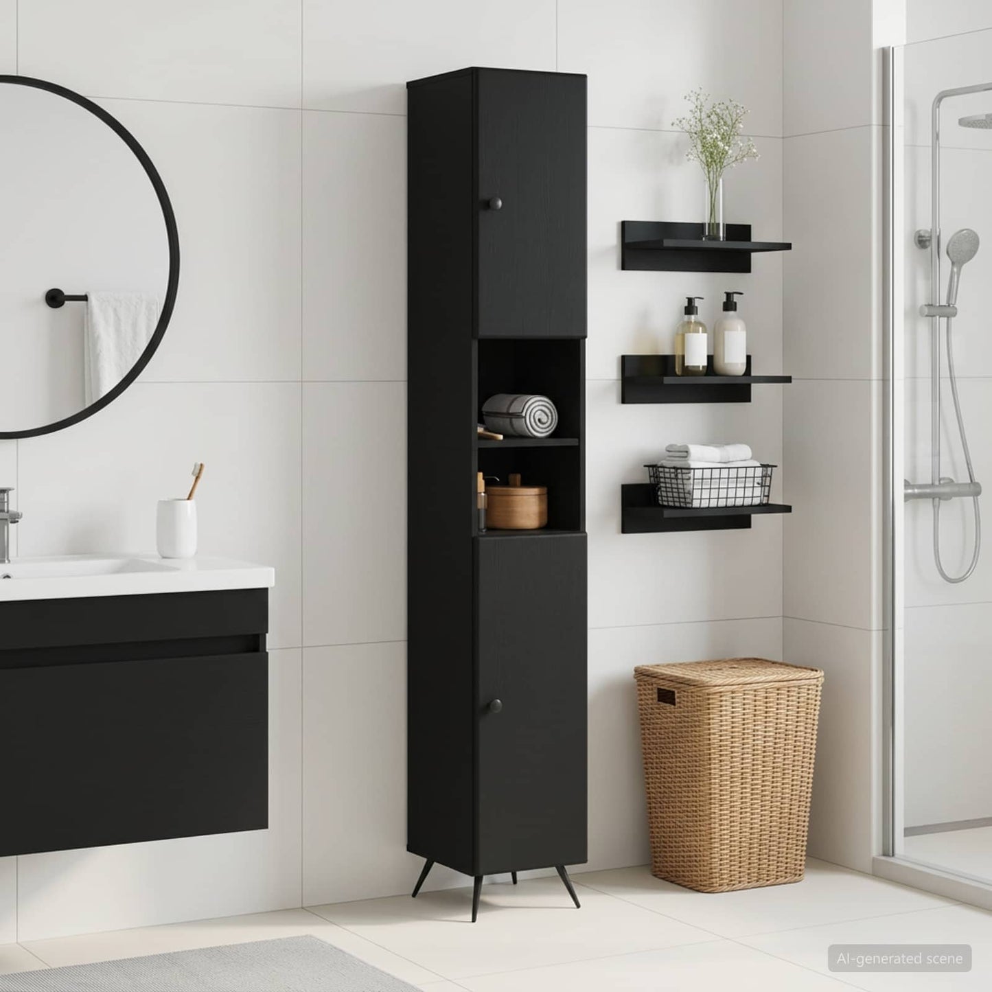 vidaXL Bathroom Cabinet with Open Shelf BREDA Black 30 x 31 x 190 cm