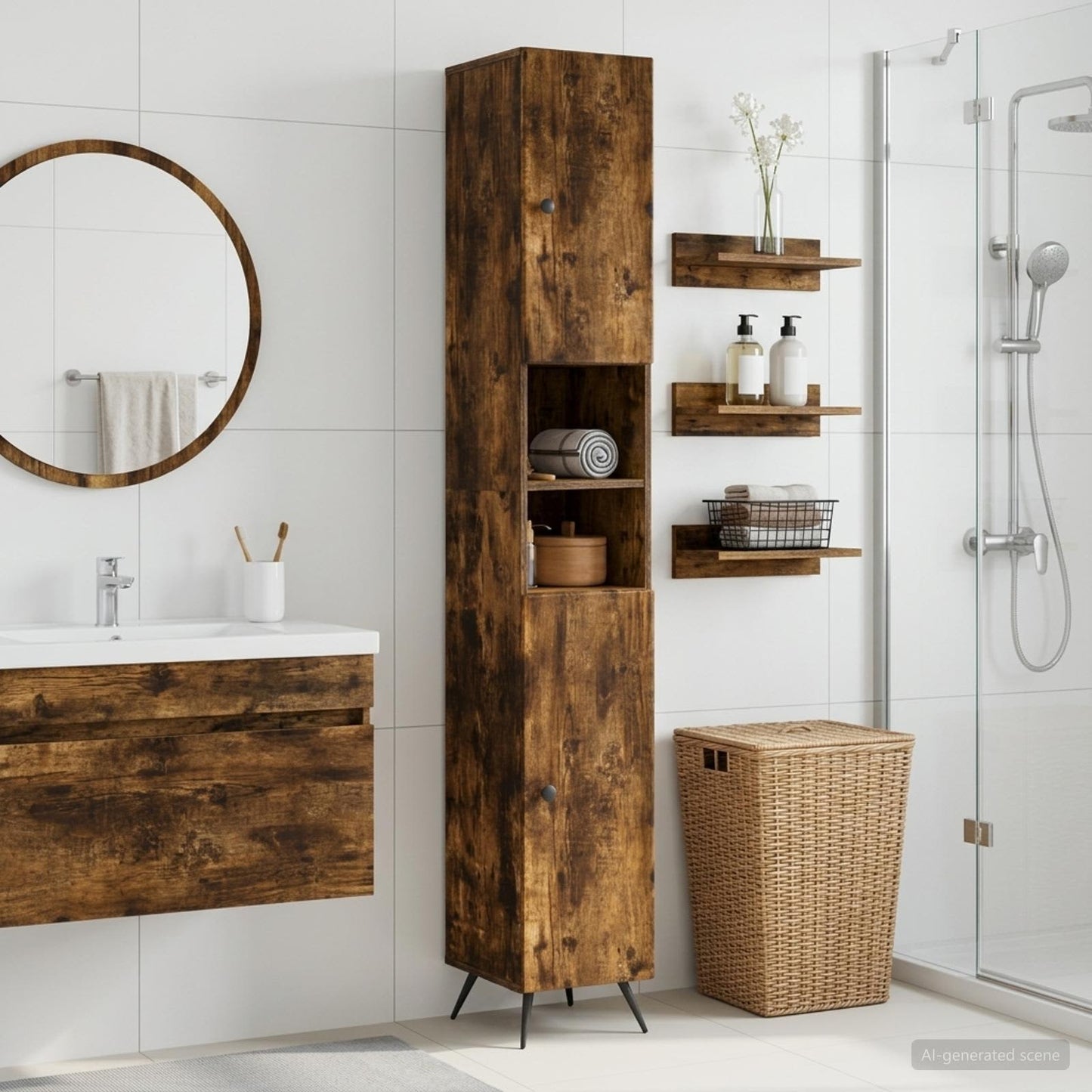 vidaXL Bathroom Cabinet with Open Shelf BREDA Smoked Oak