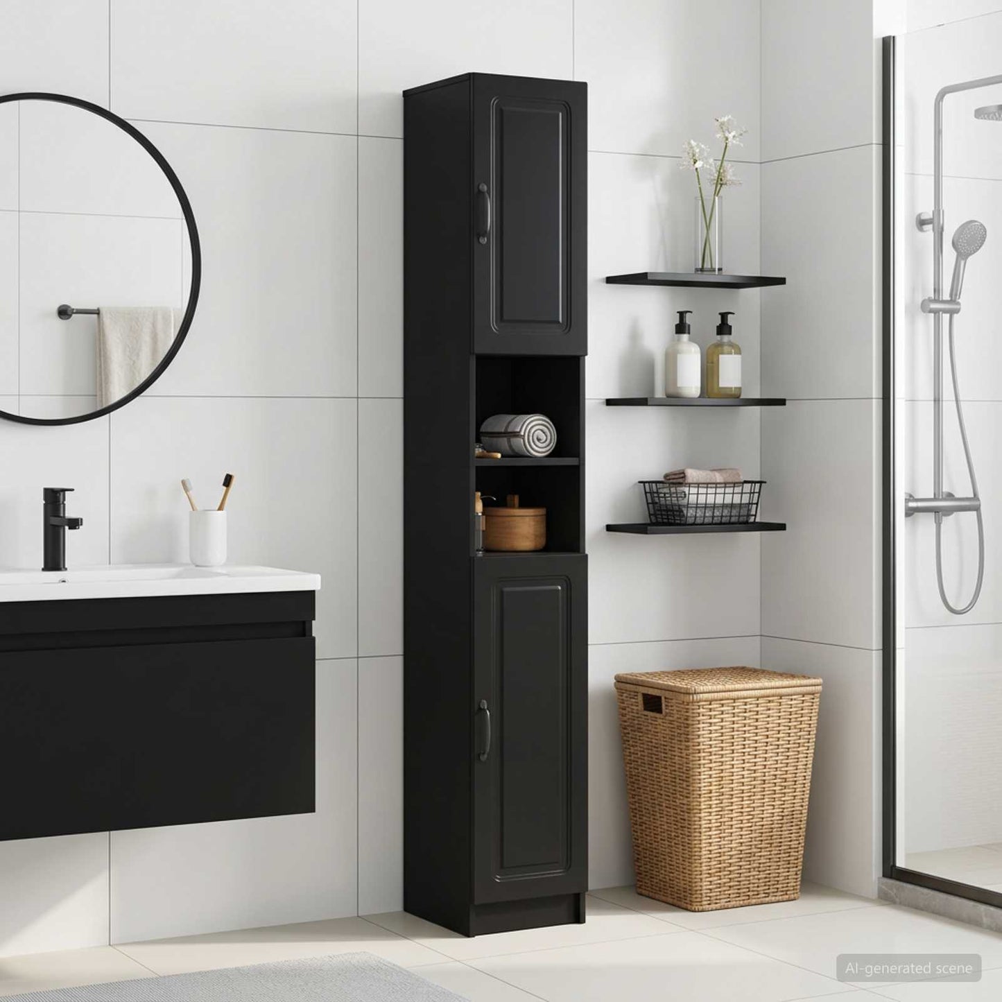 vidaXL Bathroom Cabinet with Open Shelf UTRECHT Black 30 x 31 x 187 cm