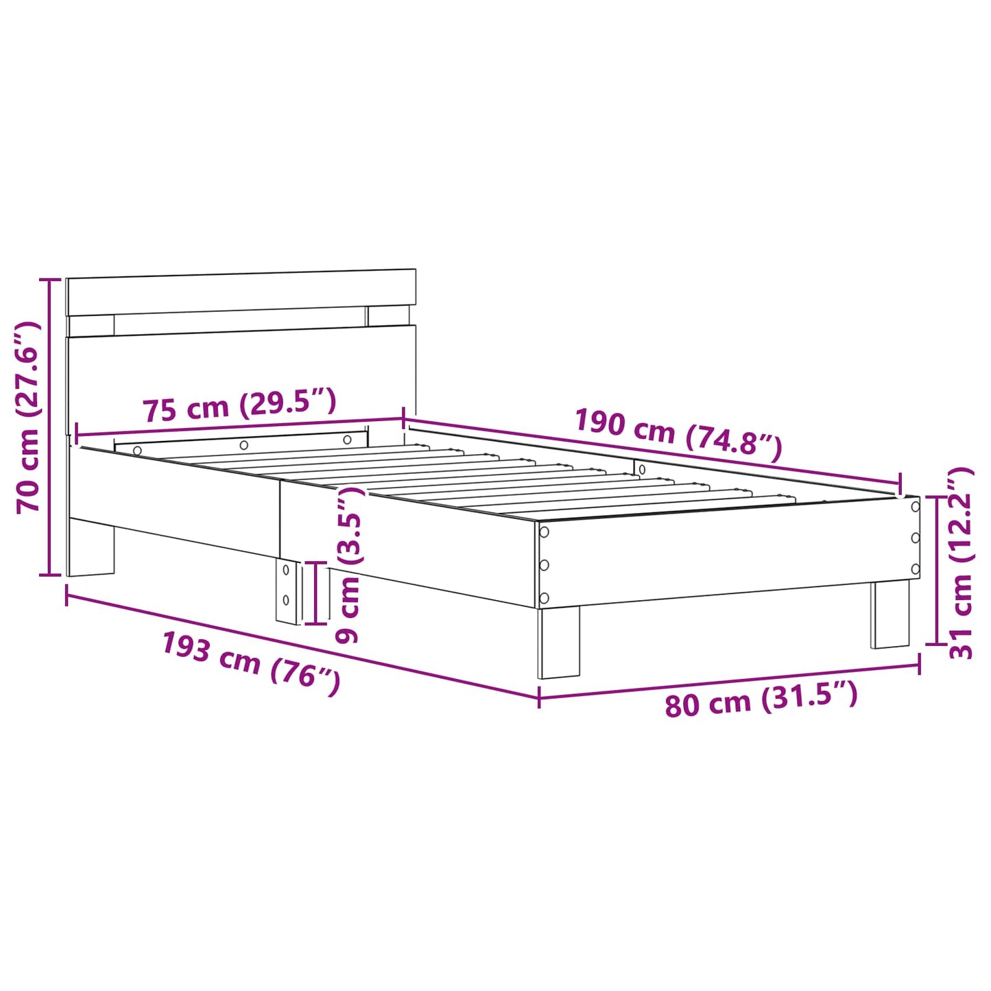 vidaXL Bed Frame with Headboard Old Wood 75 x 190 cm Engineered Wood