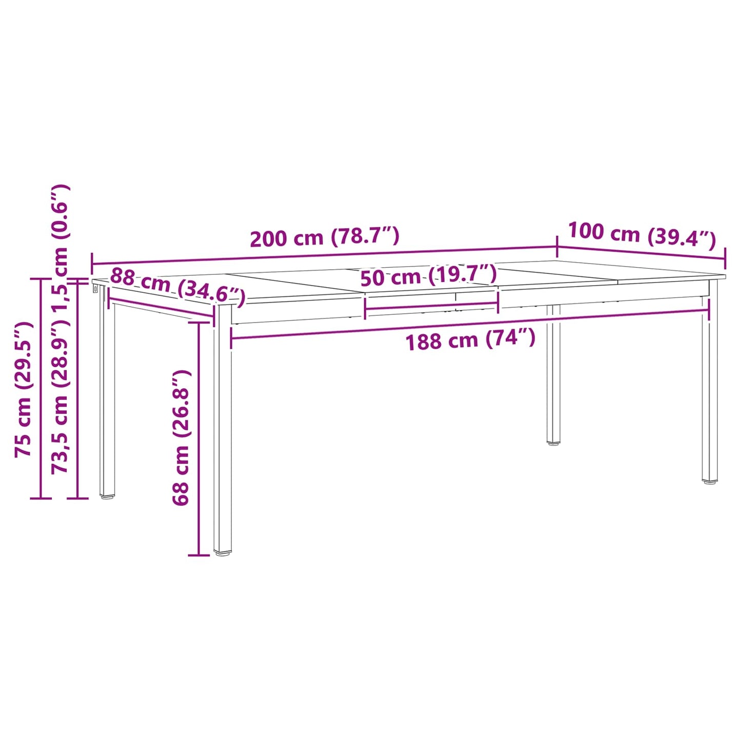 vidaXL Dining Table White 200 x 100 x 75 cm Solid Pine Wood