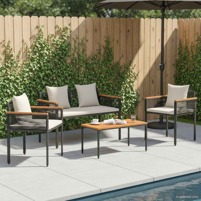 vidaXL Outdoor Furniture Set Black and Cream White Poly Rattan