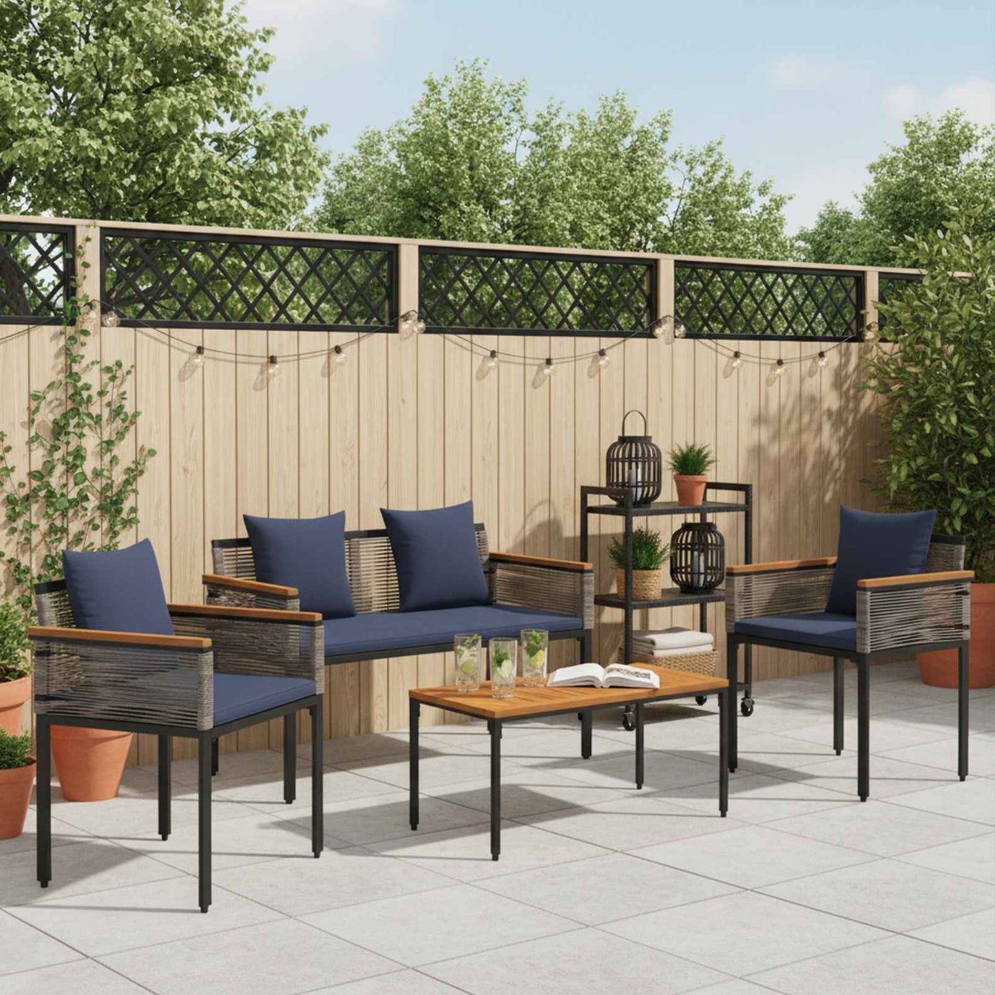 vidaXL Outdoor Furniture Set Grey and Navy Blue Poly Rattan