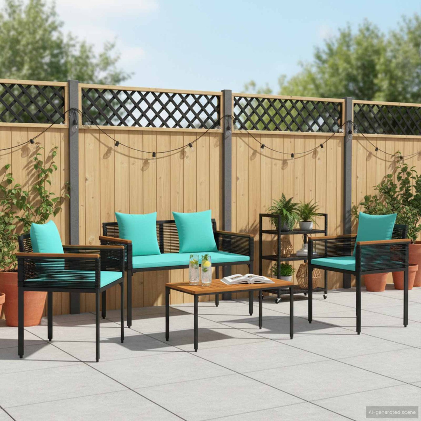 vidaXL Outdoor Furniture Set Black and Turquoise Poly Rattan