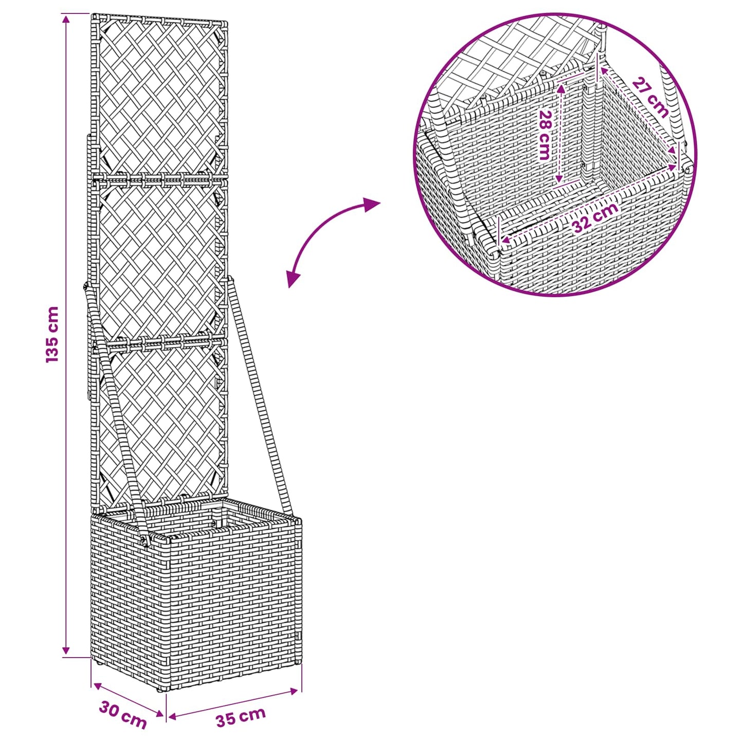 vidaXL Garden Planter with Trellis Grey 35 x 30 x 135 cm Poly Rattan