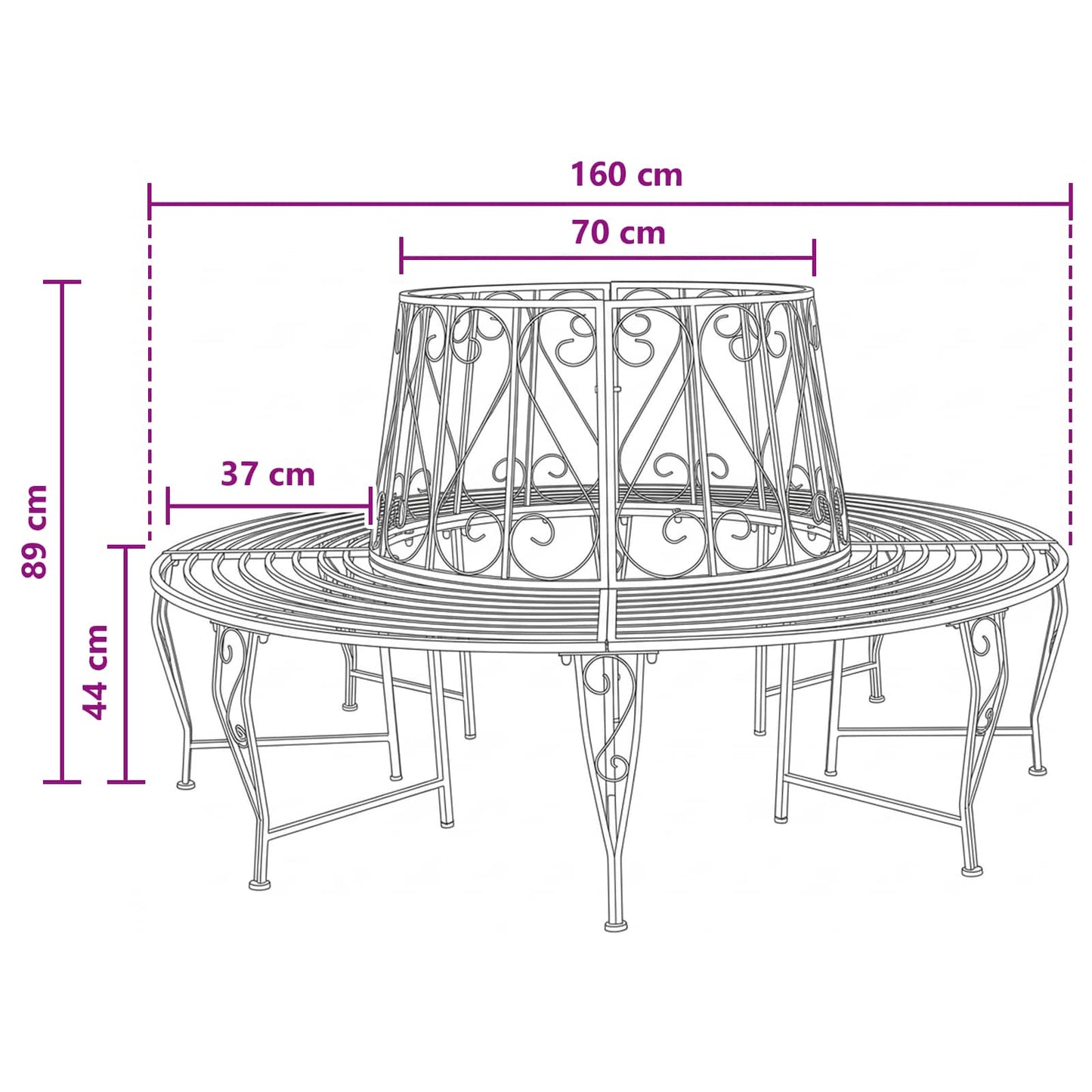 vidaXL Tree Bench Ø 160 x 89 cm Steel Black Round