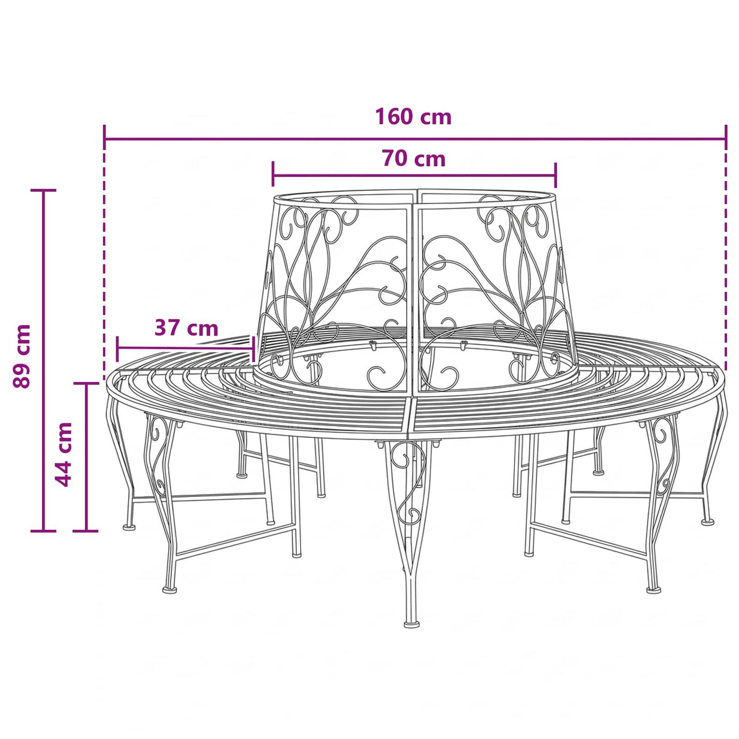 vidaXL Tree Bench 8-Seater Ø 160 x 89 cm Steel Black Round