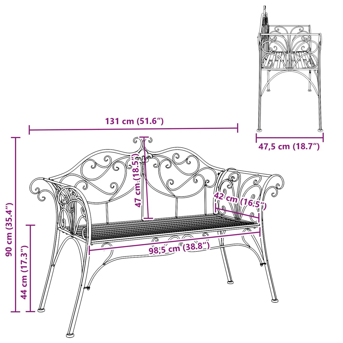 vidaXL Garden Bench 2-Seater 130 x 47 x 90 cm Steel Antique Brown