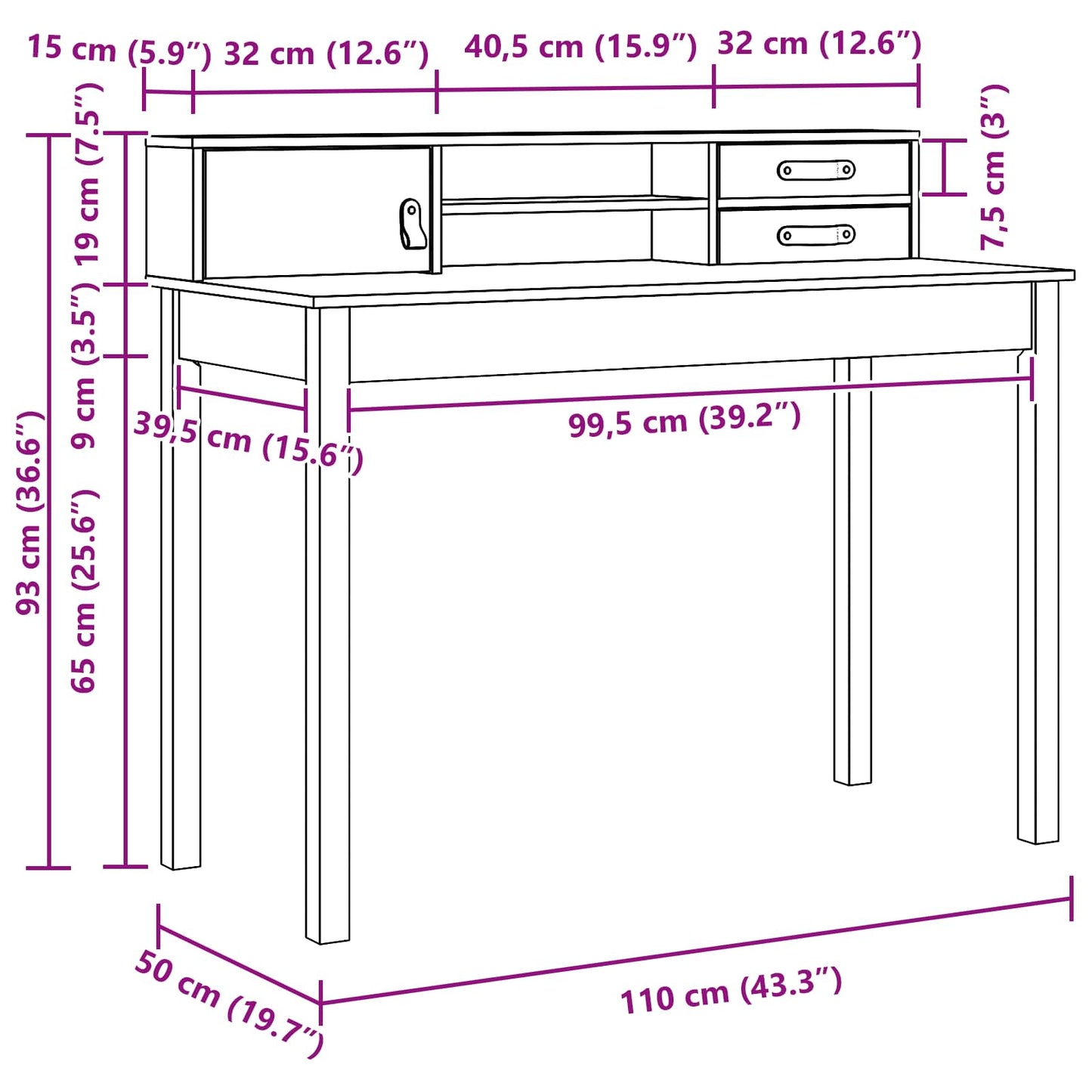vidaXL Desk with Drawer Wax Brown 110 x 50 x 93 cm Soild Pine Wood