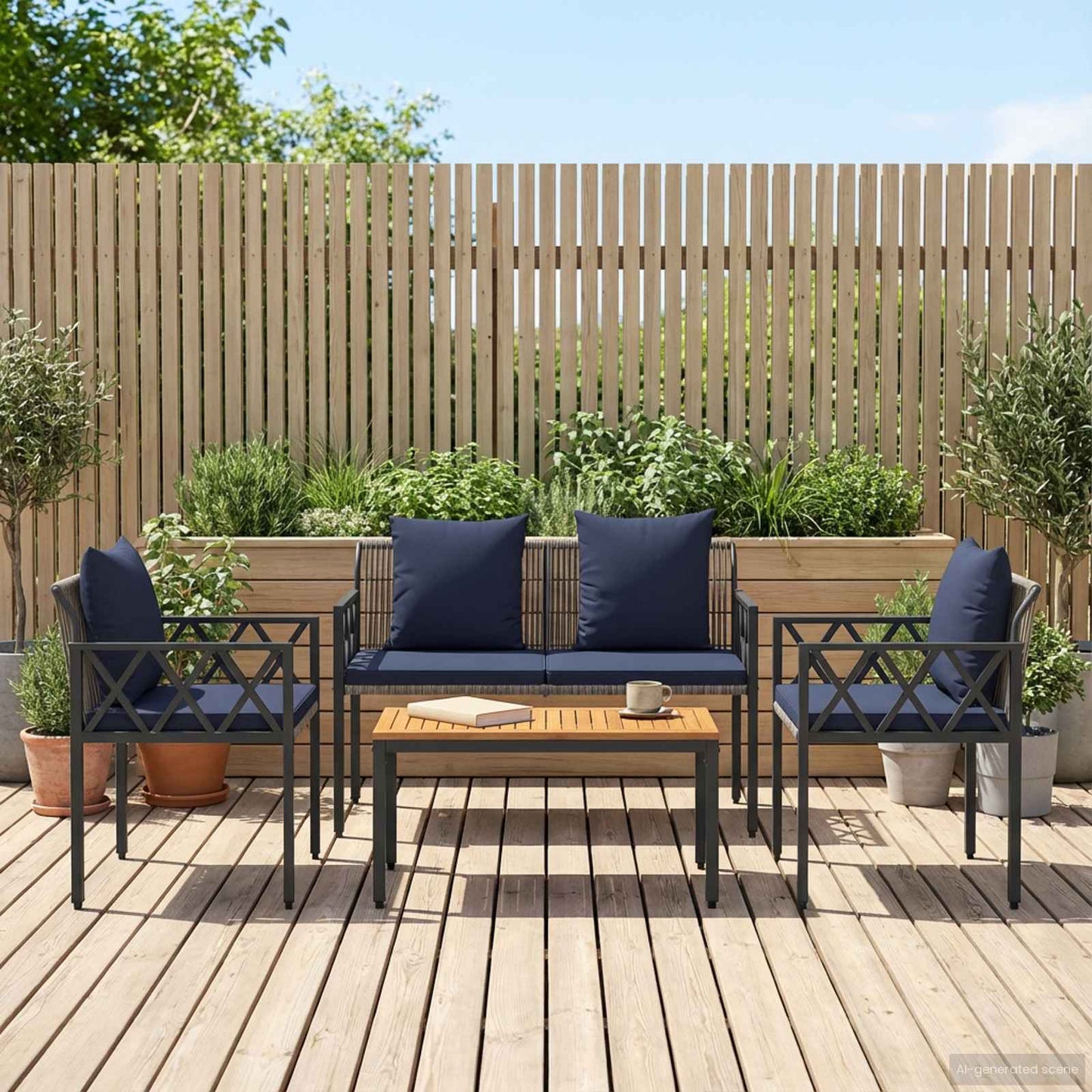 vidaXL Outdoor Furniture Set 4 pcs Grey and Navy Blue Poly Rattan
