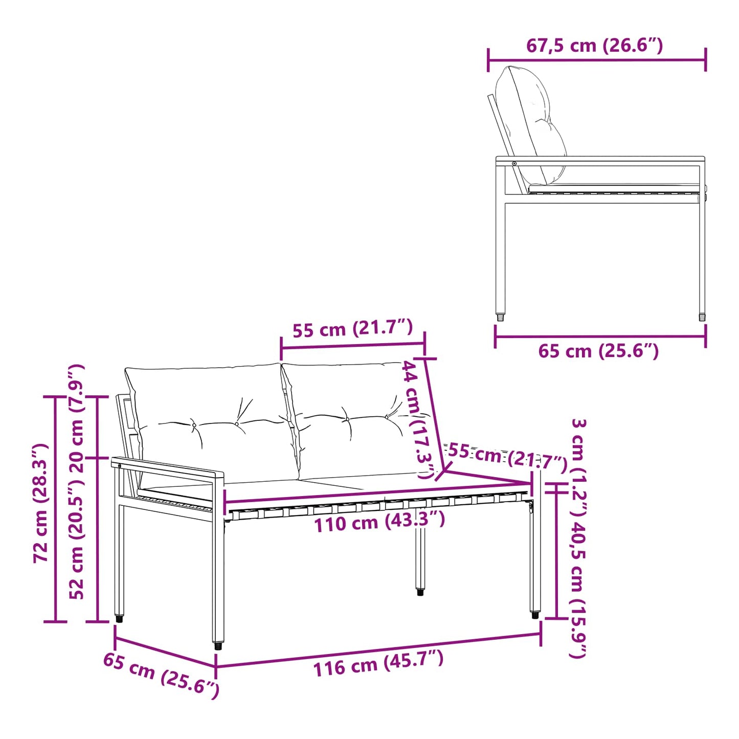 vidaXL Outdoor Bench 2 -Seater 116 x 67.5 x 72 cm Poly Rattan